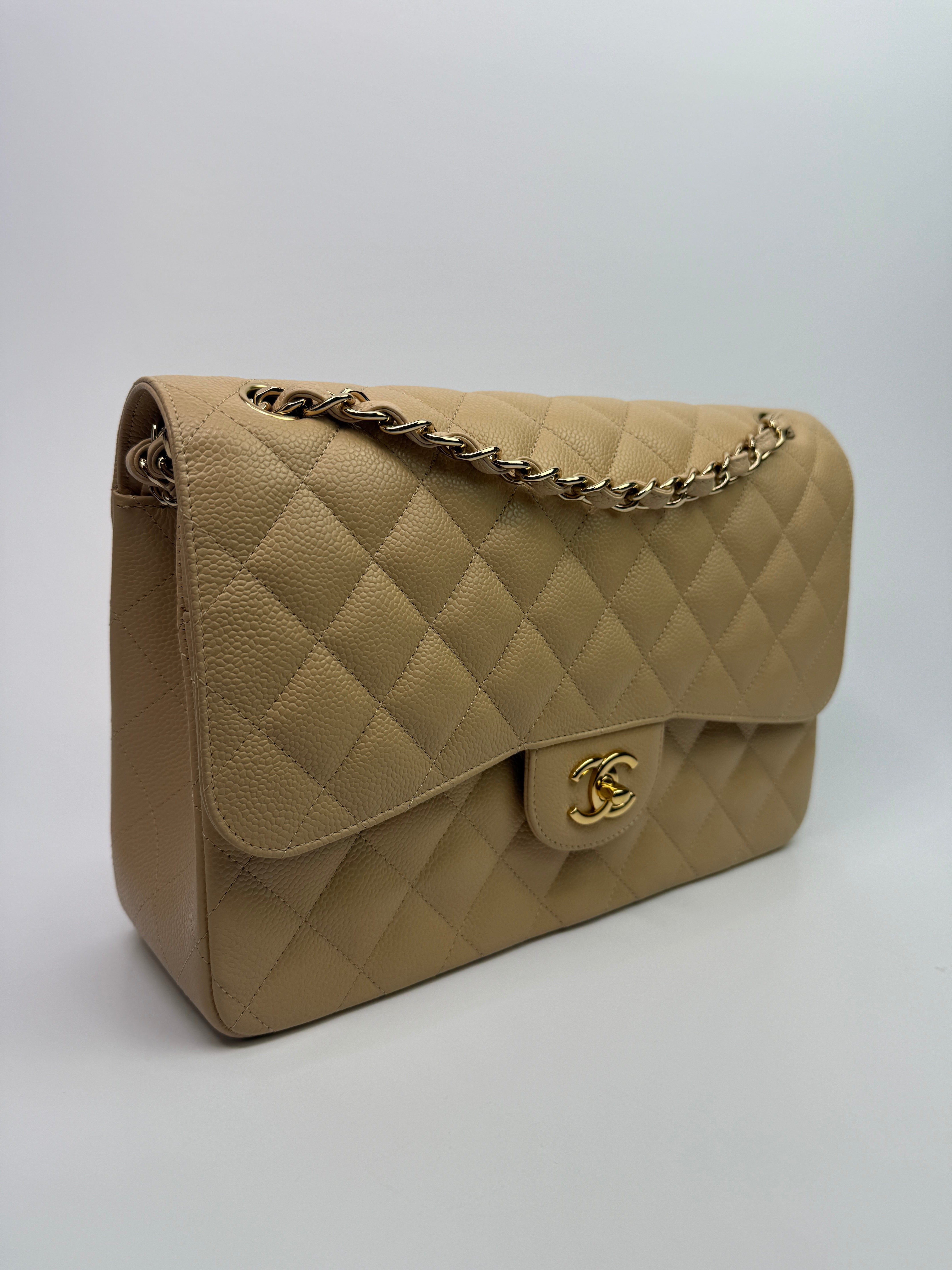 Chanel Jumbo Classic Double Flap In Beige Caviar Leather with GHW