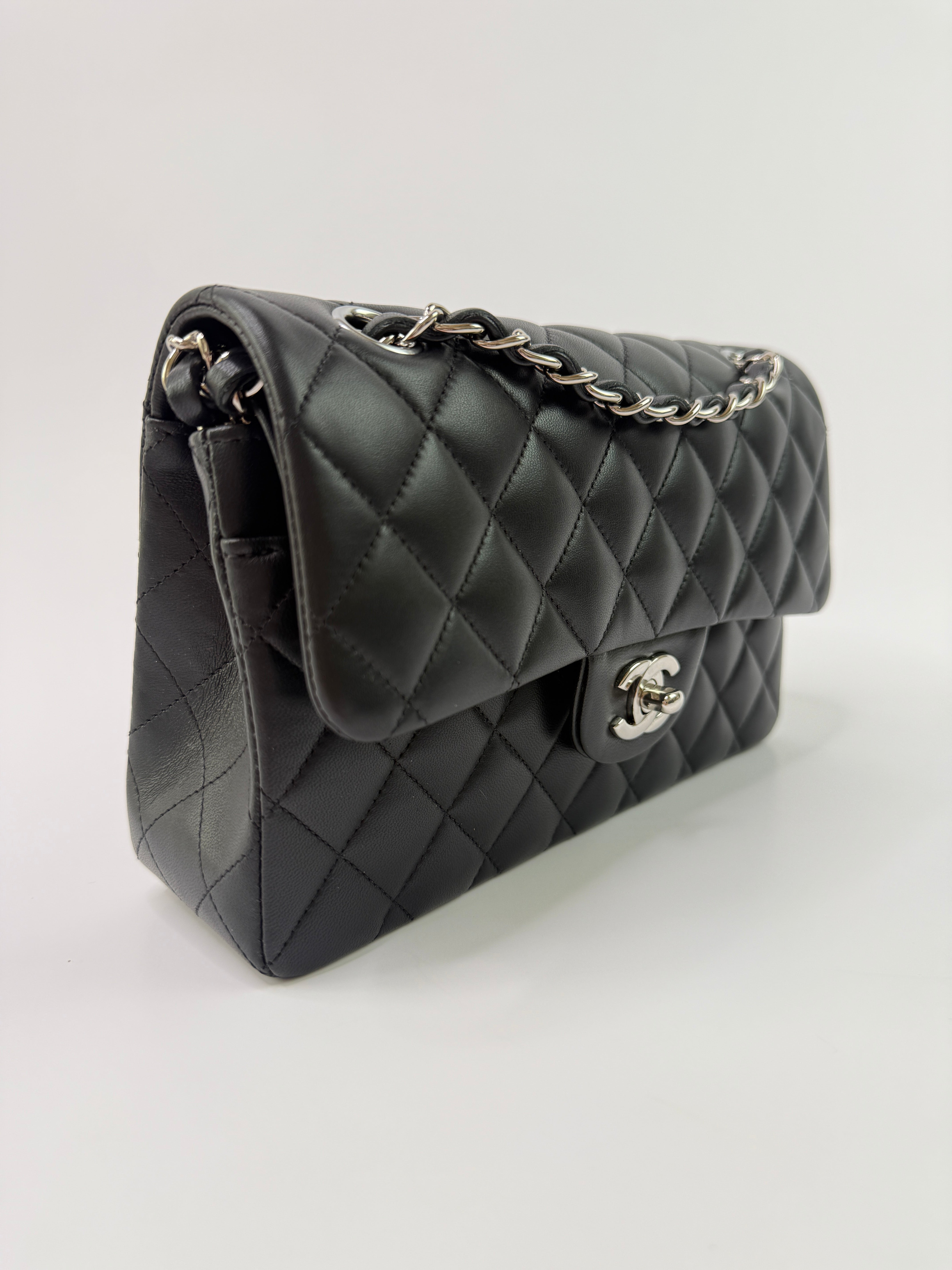 Chanel Small Classic Double Flap In Black Lambskin Leather With Silver Hardware
Pre Loved & Authentic 