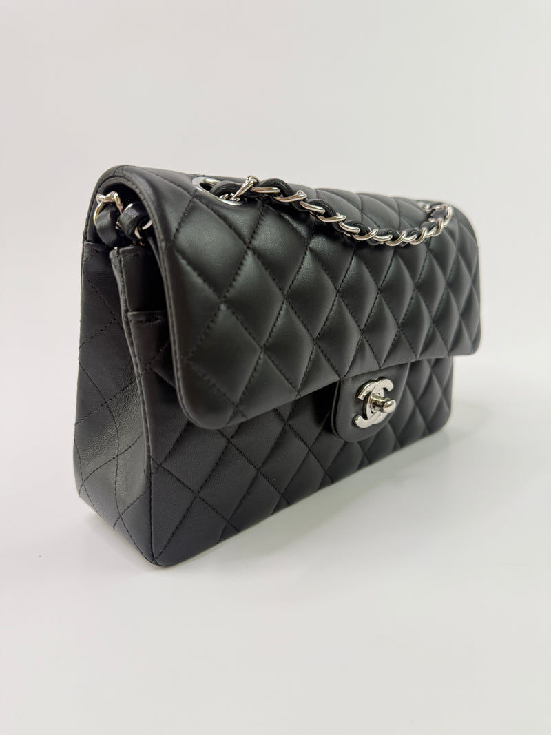Chanel Small Classic Double Flap In Black Lambskin Leather With SHW
