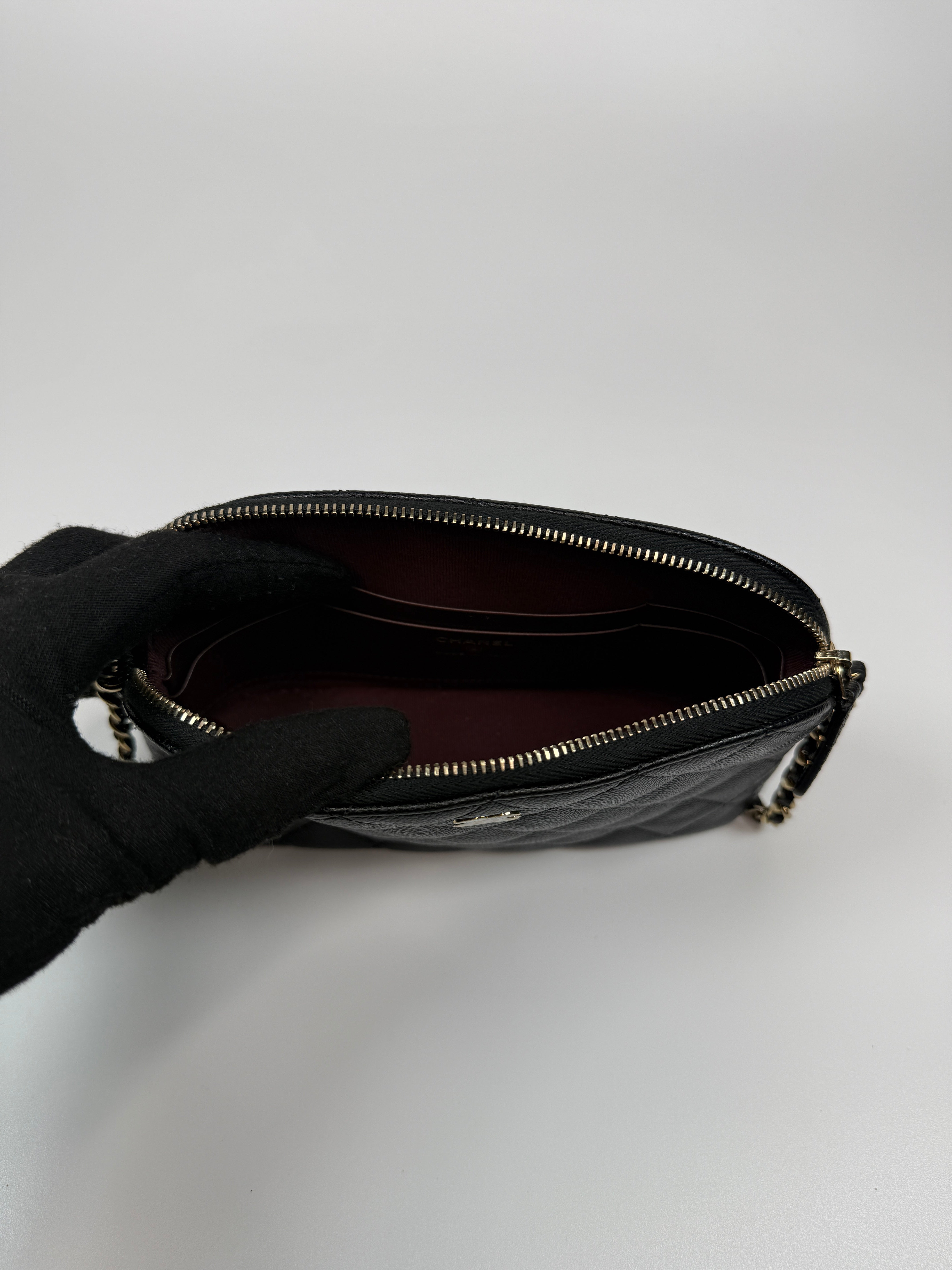 Chanel Mini Clutch On Chain Bag In Black Caviar Leather With Gold Hardware Authentic and preloved in Excellent Condition. 100% Authenticity guarantee 