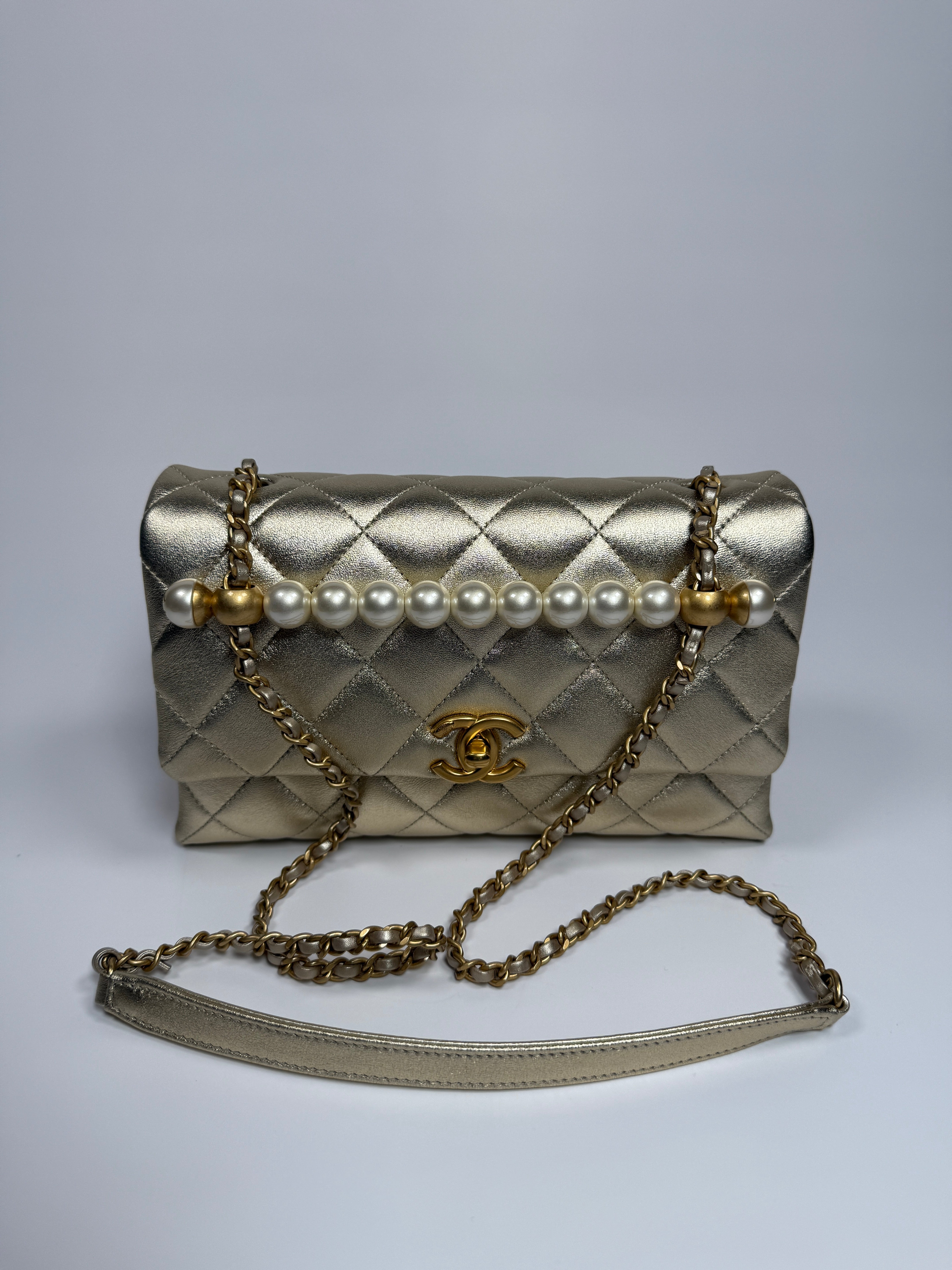 Chanel Mini Pearl Top Handle Flap Bag Metallic Gold Lambskin With GHW