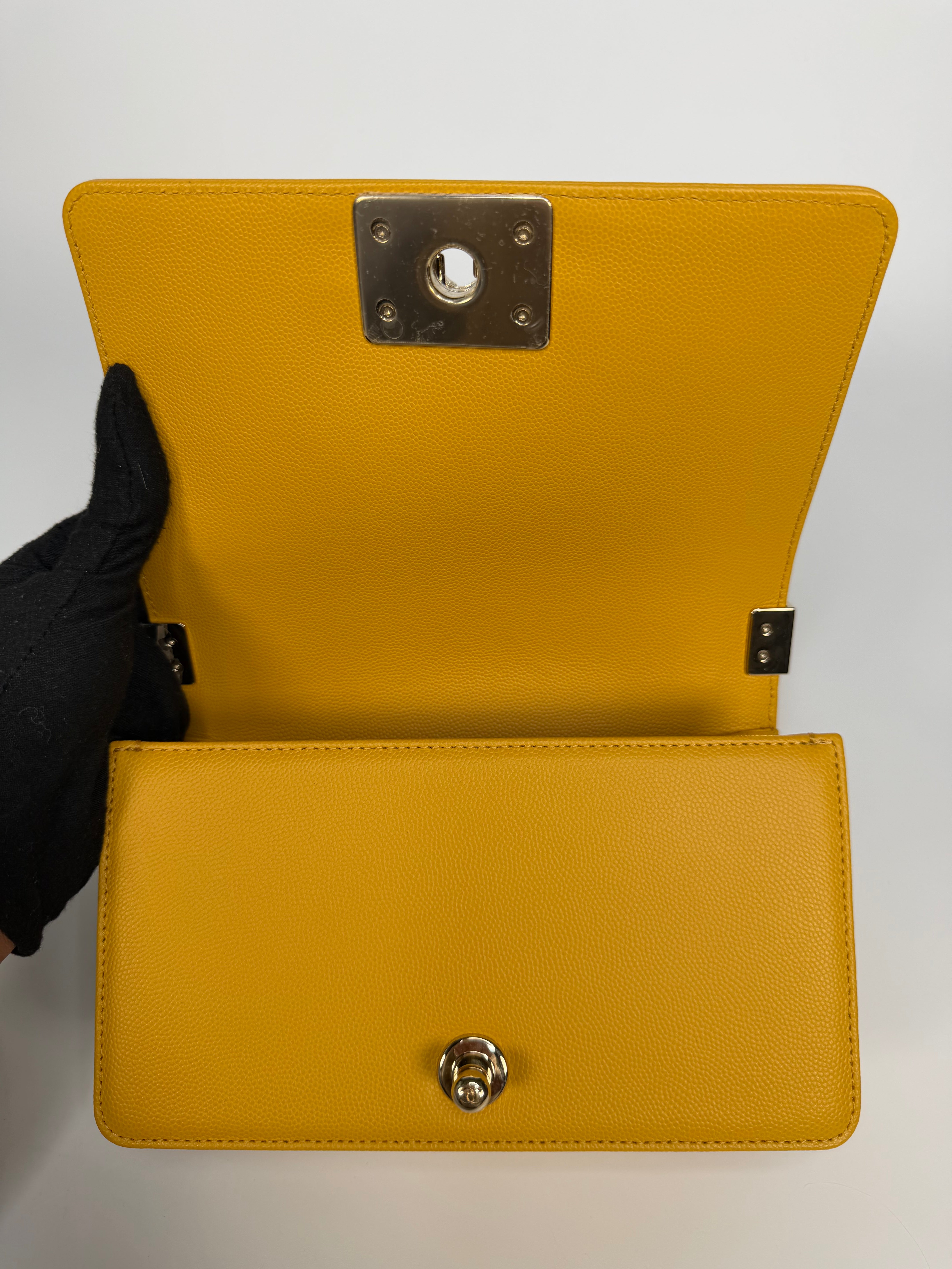 Chanel Small Boy Bag In Yellow Caviar Leather With Pale Gold Hardware