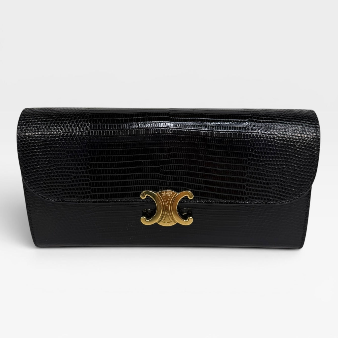 Celine Triomphe Wallet In Black Lizard Embossed Calfskin Gold Hardware. Authentic and preloved in excellent condition