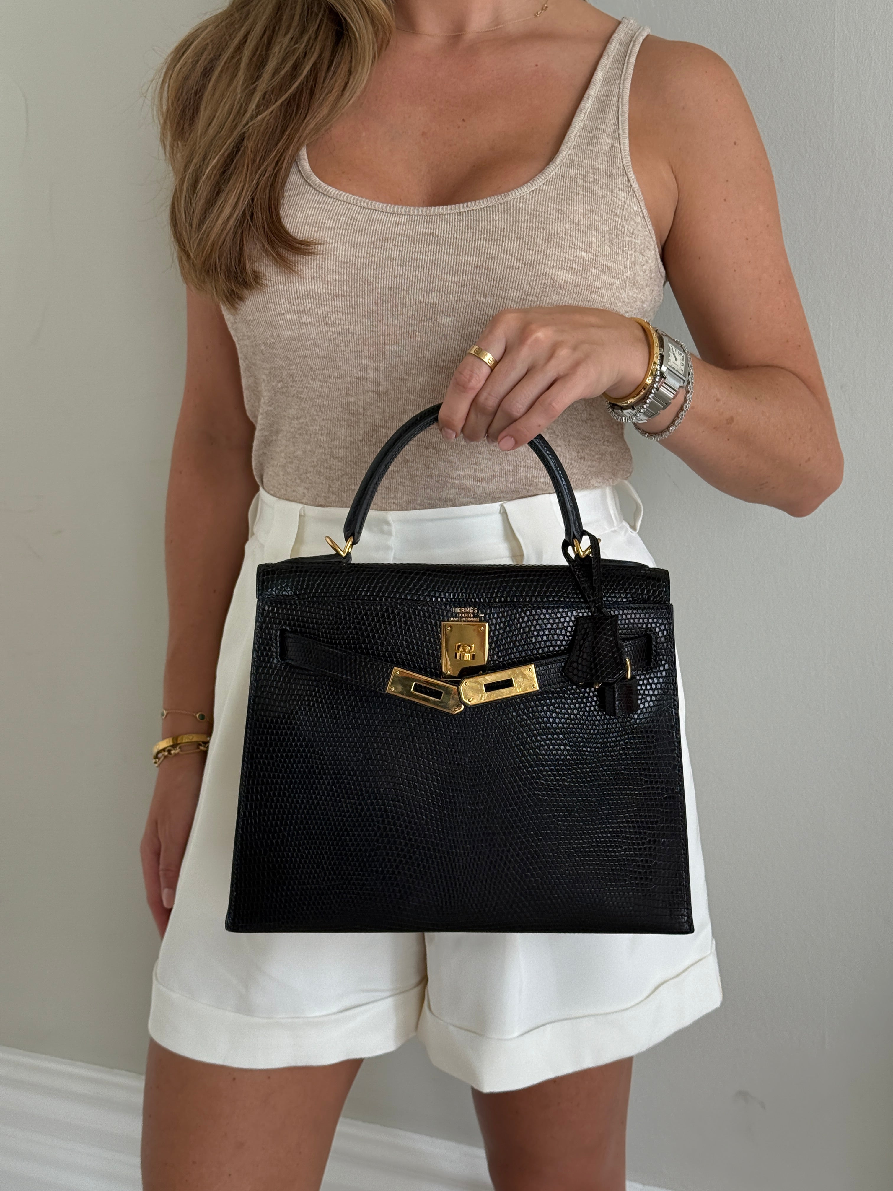 Hermès Vintage Kelly 28 In Black Lizard Leather With GHW