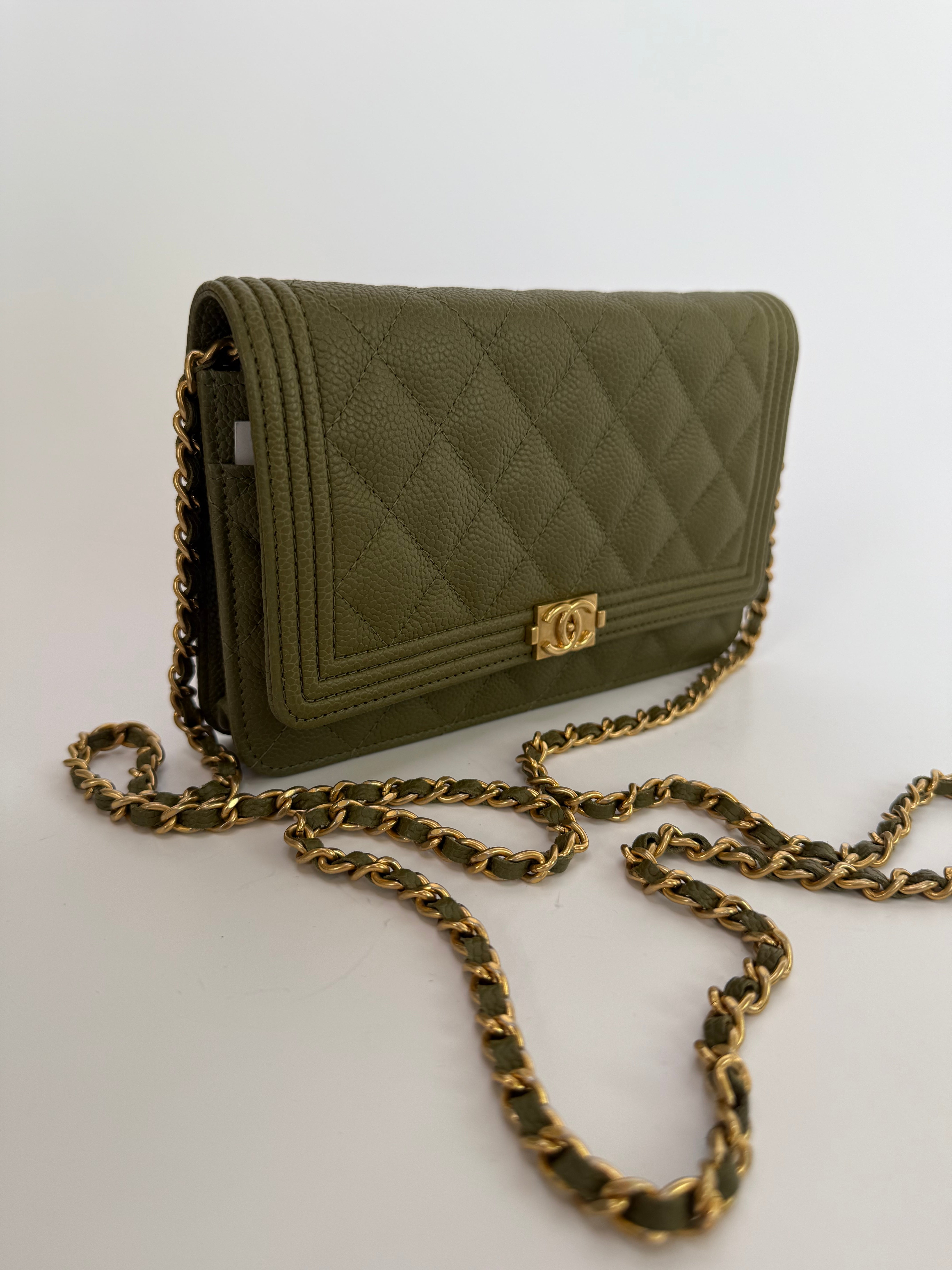 Chanel Boy Wallet On Chain In Khaki Caviar Leather With GHW
