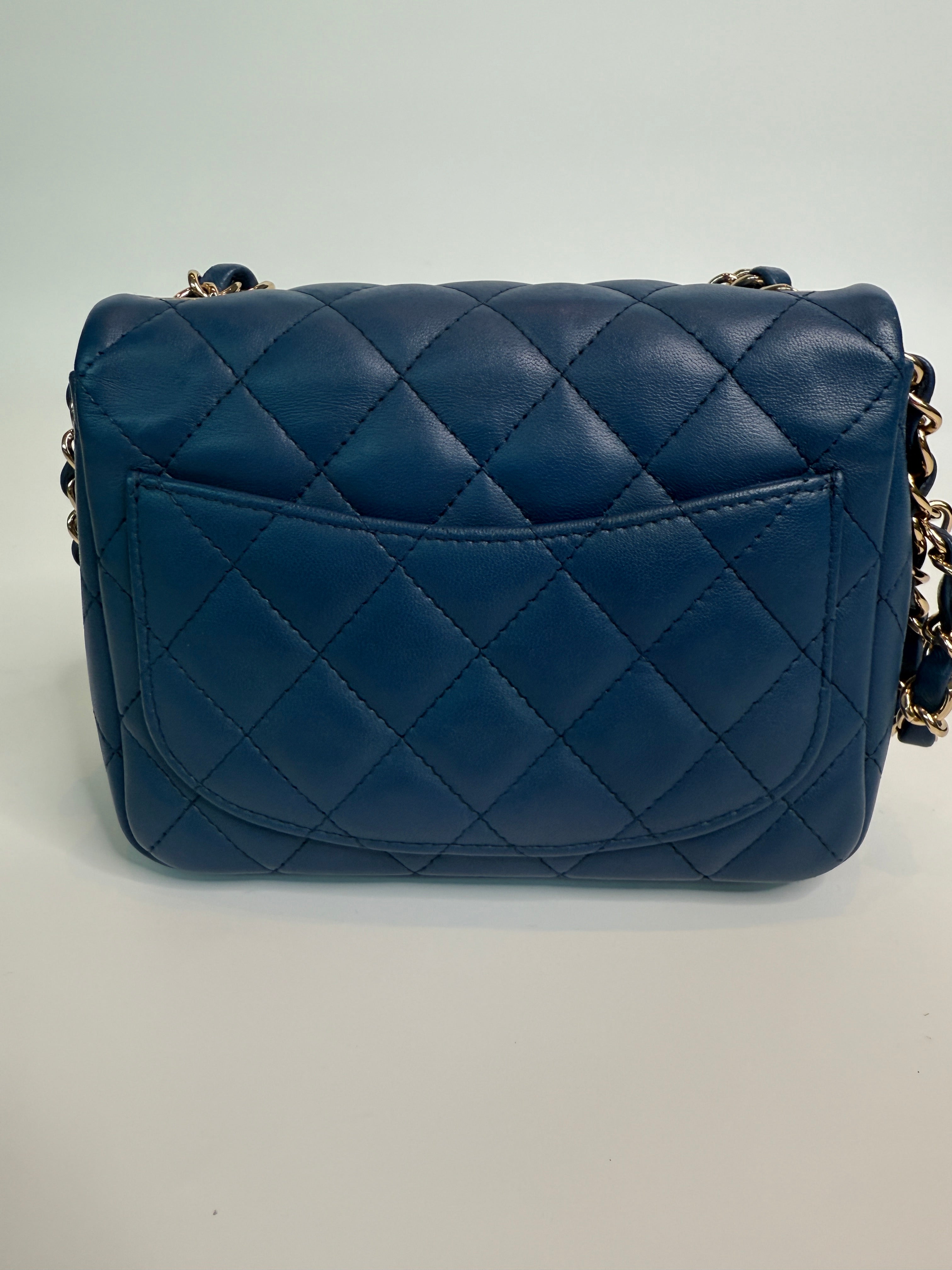 Chanel Mini Square In Navy Lambskin Leather With PGHW