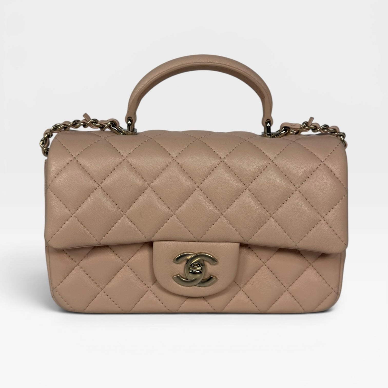Chanel Mini Rectangle Top Handle In Light Beige Lambskin Leather With Gold Hardware
