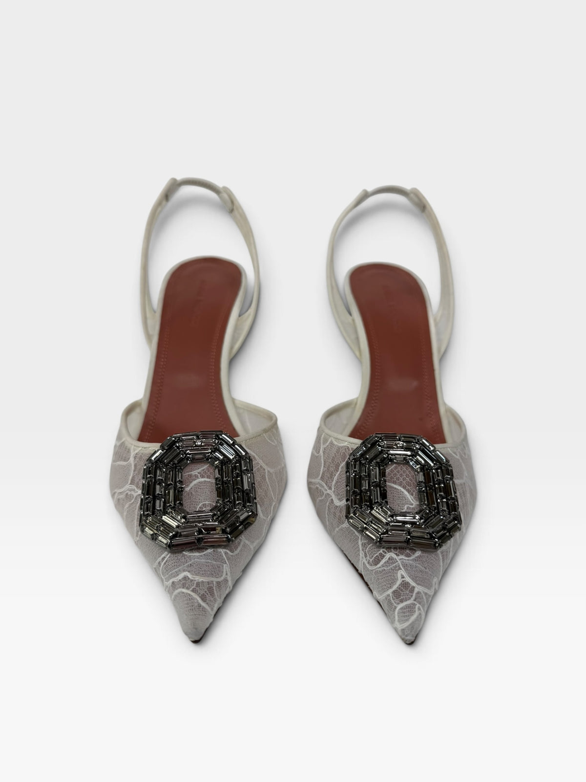 Amina Muaddi Heels In White Lace (Size 39.5 / UK 6.5) 100% authentic and preloved in new and unused condition