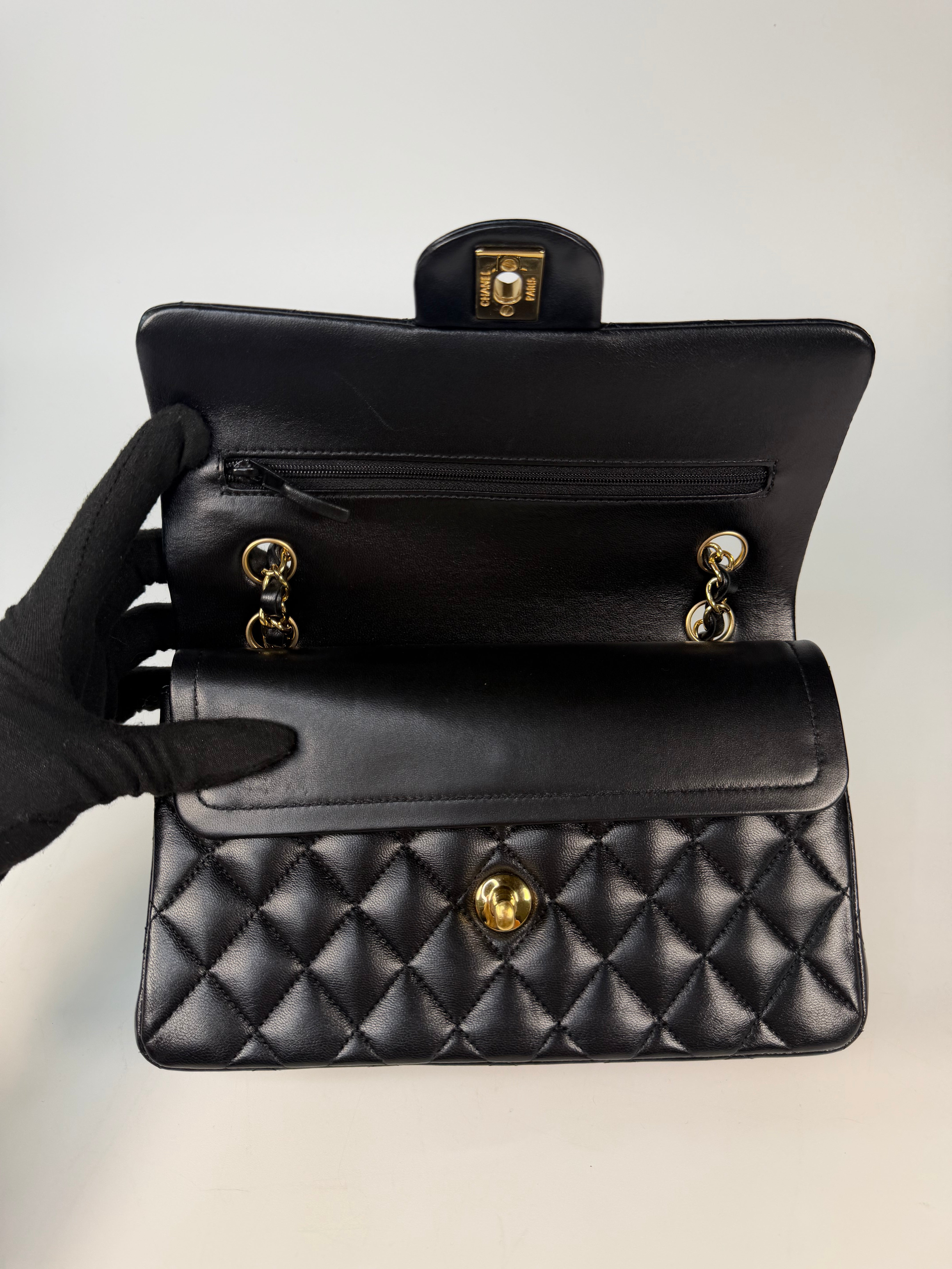 Chanel Small Classic Double Flap In Black Lambskin Leather With Gold Hardware in excellent condition 100% authentic and preloved