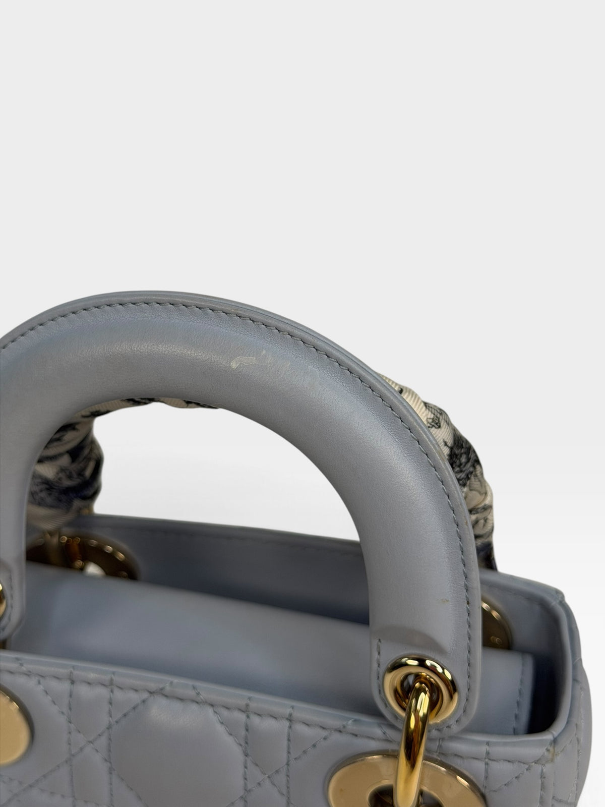 Christian Dior Mini Lady Dior In Pale Blue Cannage Leather With Pale Gold Hardware. 100% Authentic and Preloved in excellent condition. 100% Guarantee