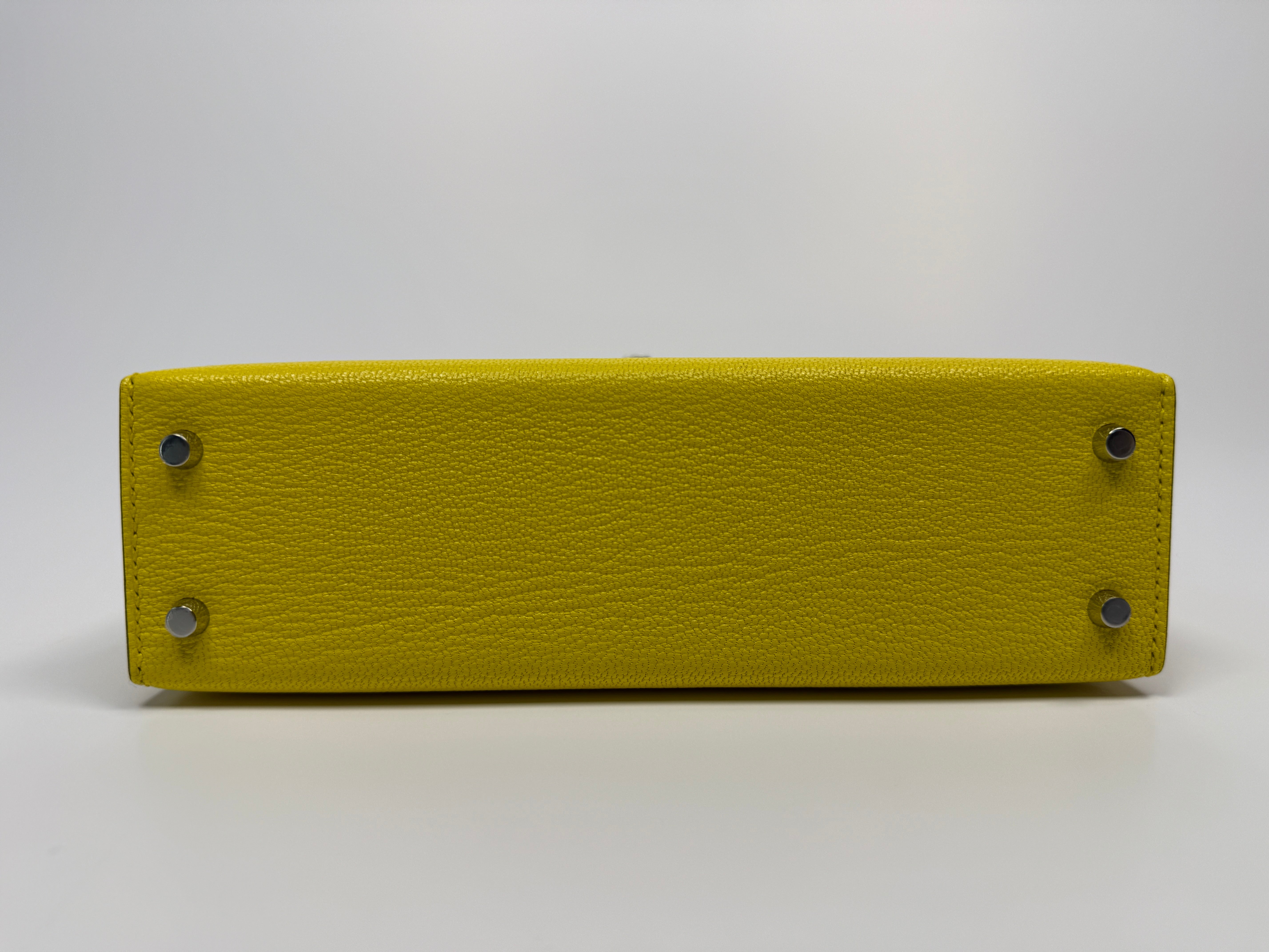 Authentic Pre Loved Hermés Mini Kelly ll Sellier Verso Chèvre Mysore in Jaune Citron and Mushroom With Palladium Hardware New & Unused Condition