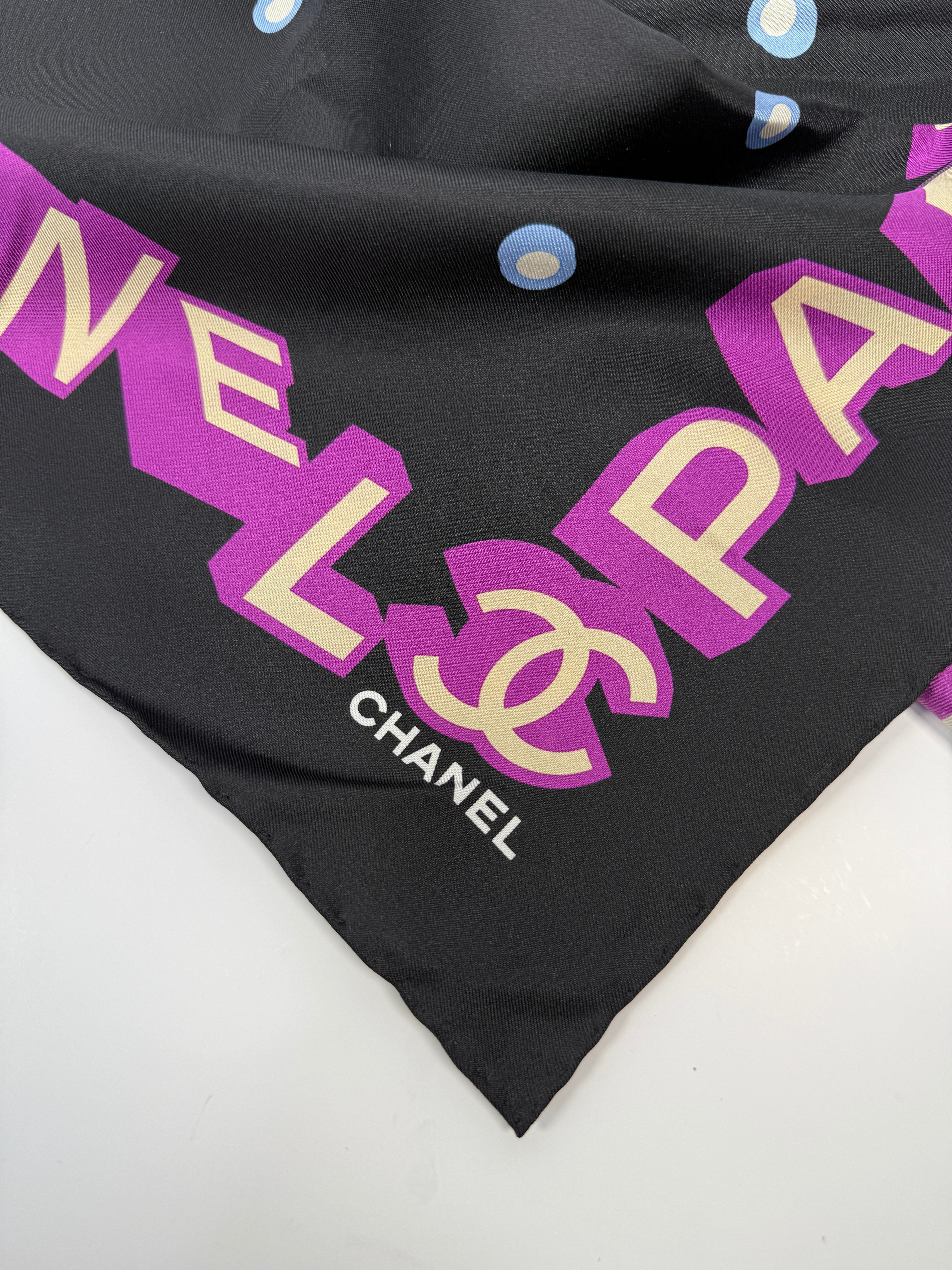 Chanel Silk Coco Scarf In Navy And Fuchsia Polka Dot, Authentic And Preloved In Excellent Condition