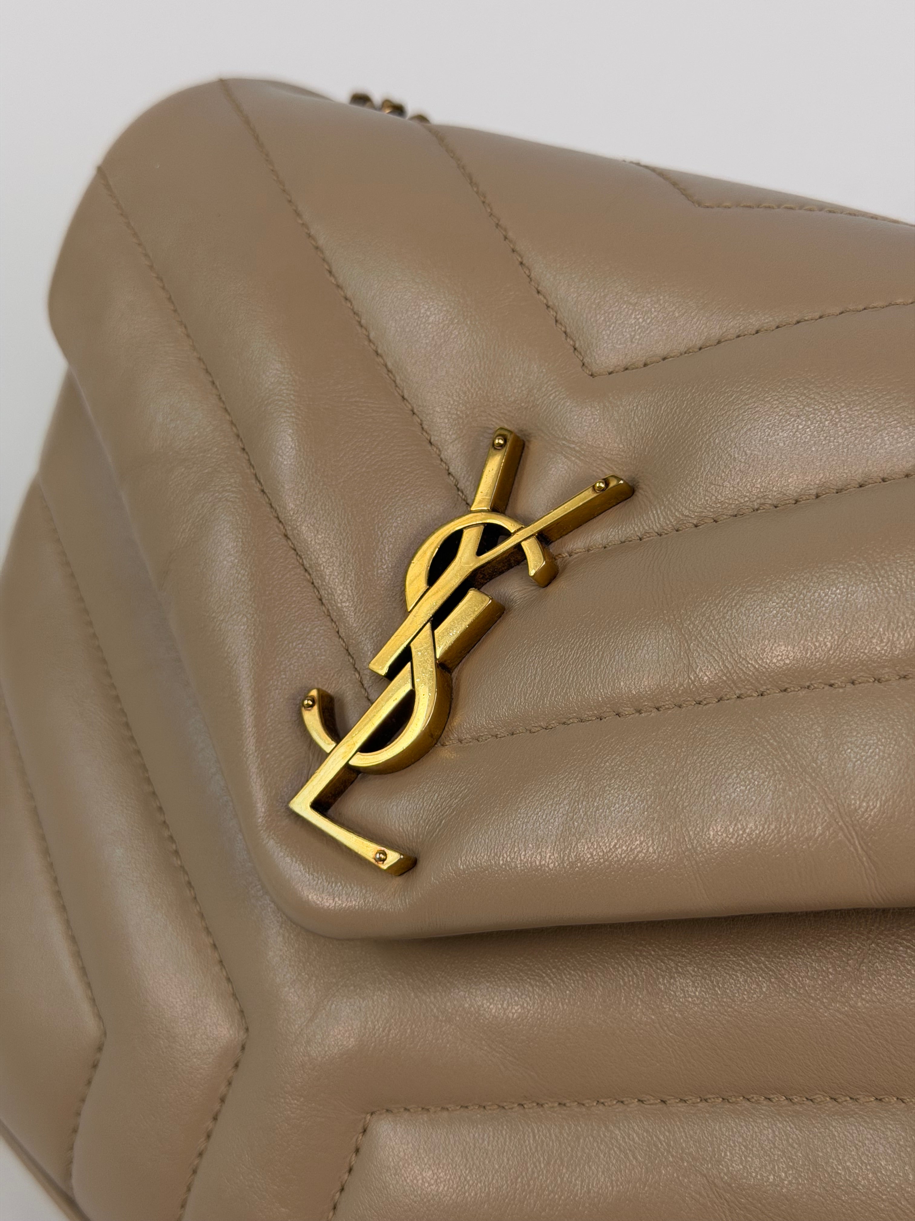 Saint Laurent Small Loulou In Dark Beige Leather With Gold Hardware. 100% authentic and preloved in excellent condition