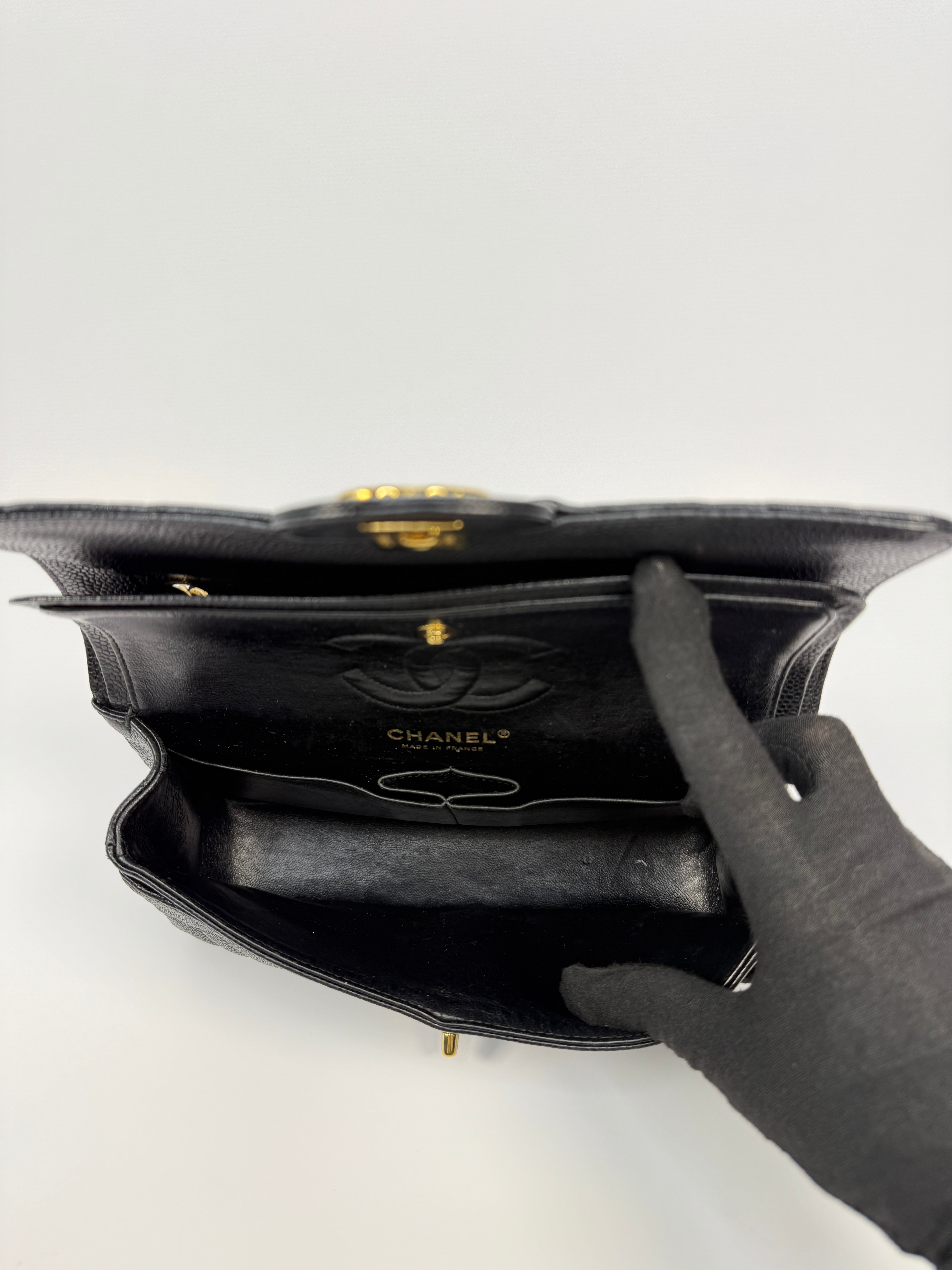 Chanel Small Vintage Classic Double Flap In Black Caviar Leather With Gold Hardware, Authentic And Preloved In Excellent Condition