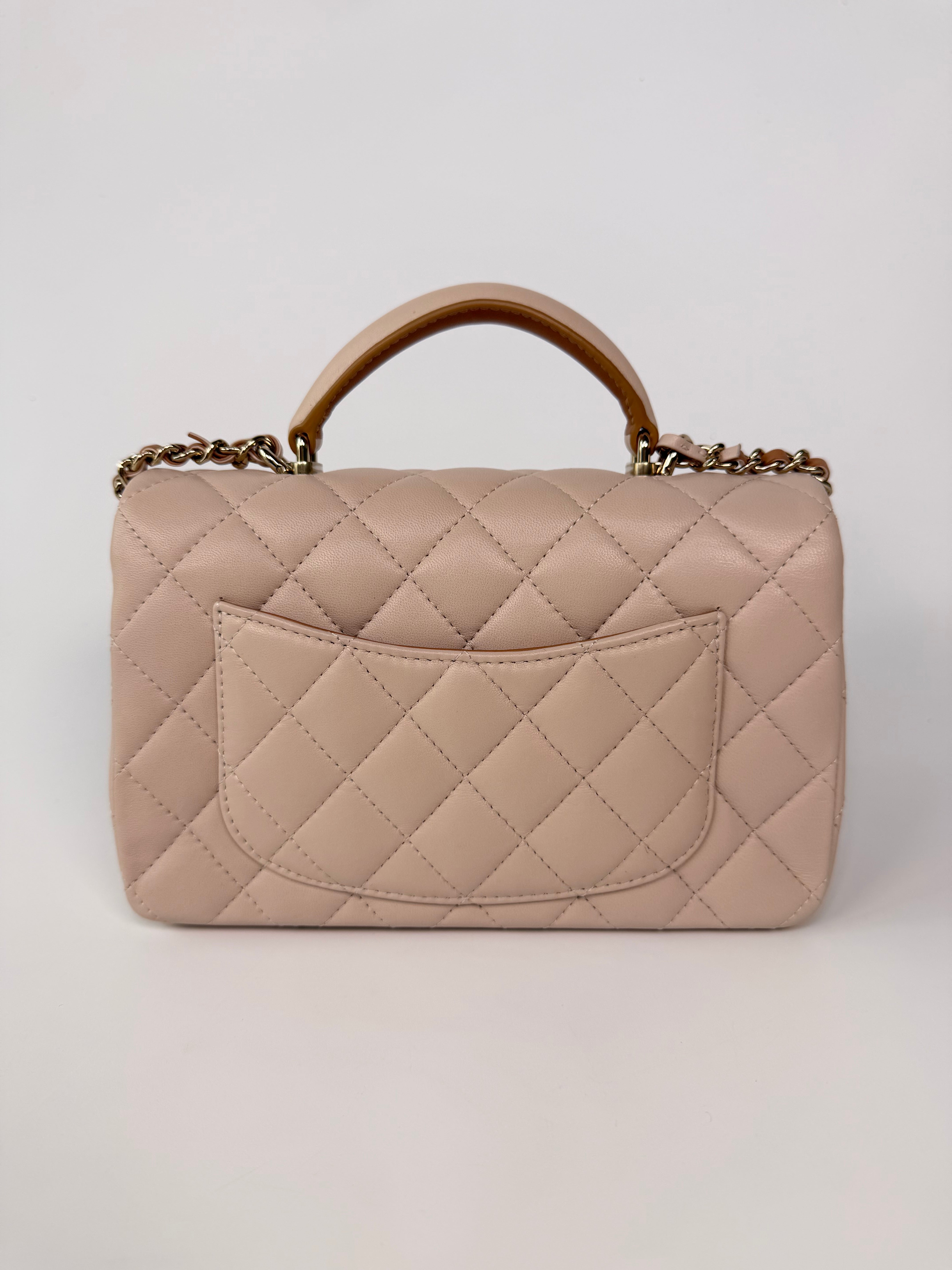 Chanel Mini Rectangle Top Handle In Light Beige Lambskin Leather With Pale Gold Hardware