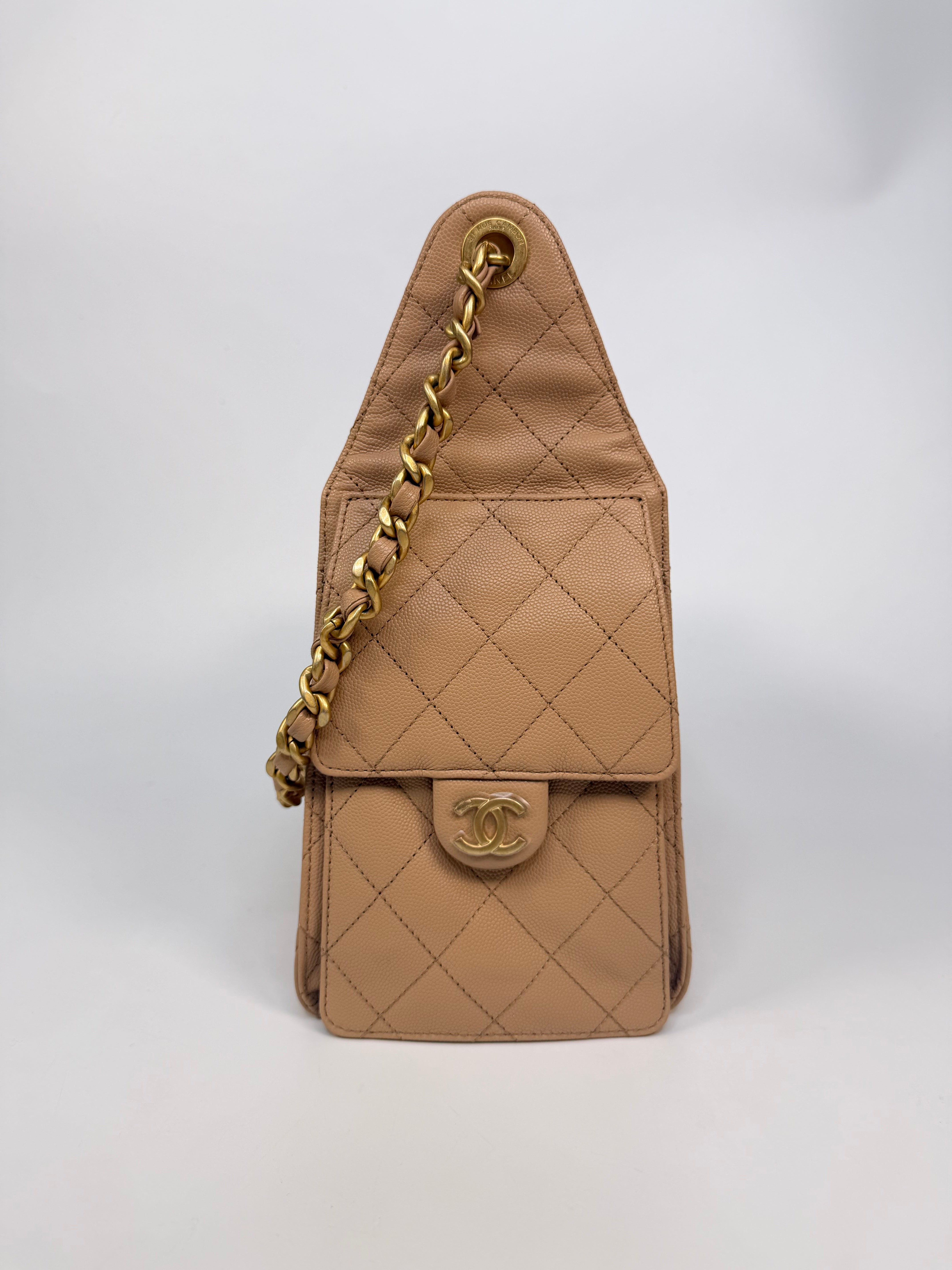 Chanel 25 Small In Beige Caviar Leather With Gold Hardware. 100% authentic and preloved in excellent condition