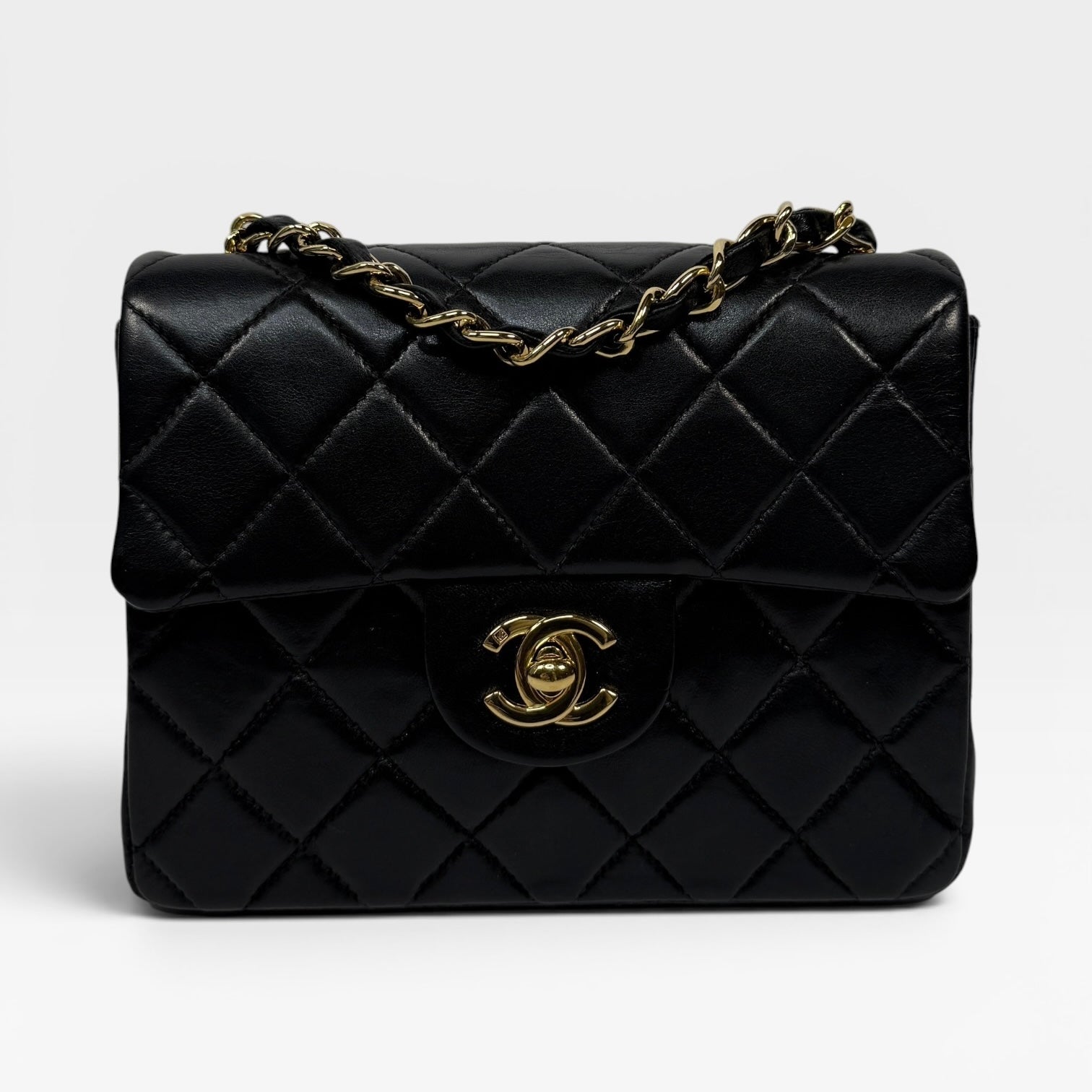 Chanel Black Square Vintage Flap Bag In Lambskin With Gold Hardware