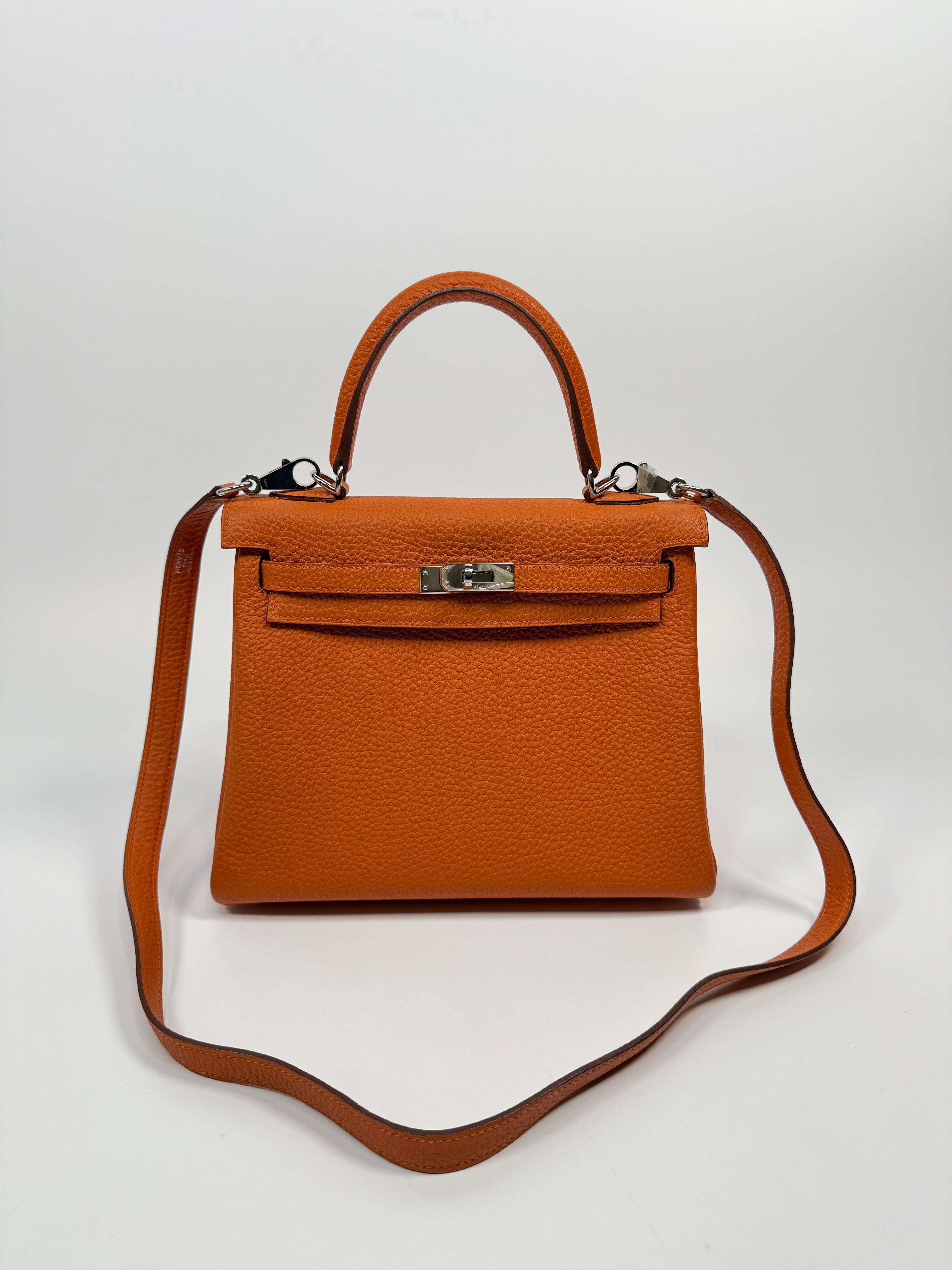 Authentic Pre Loved Hermès Kelly 25 In Orange Togo Leather With Palladium Hardware Excellent Condition