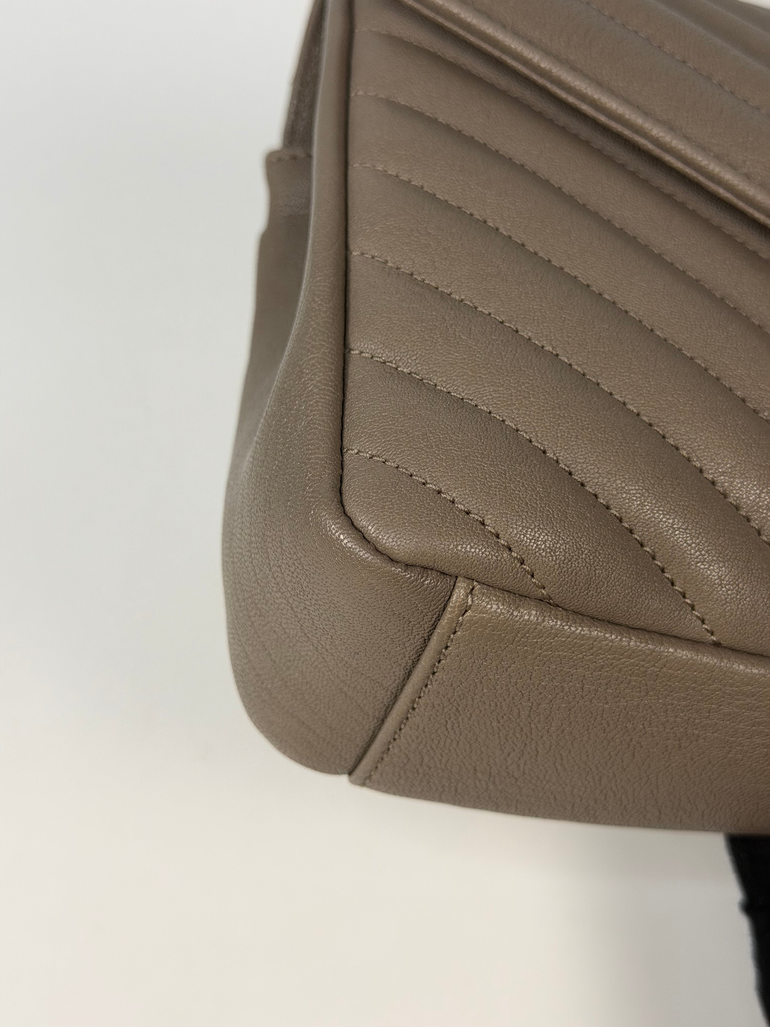 Saint Laurent Medium College Bag In Taupe Leather Gold Hardware. Authentic and preloved in new unused condition. Insured next day delivery. Verified by luxe cheshire