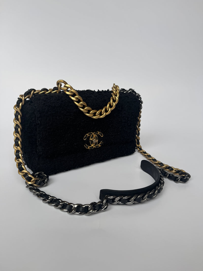 Chanel 19 Small In Black Bouclé Tweed