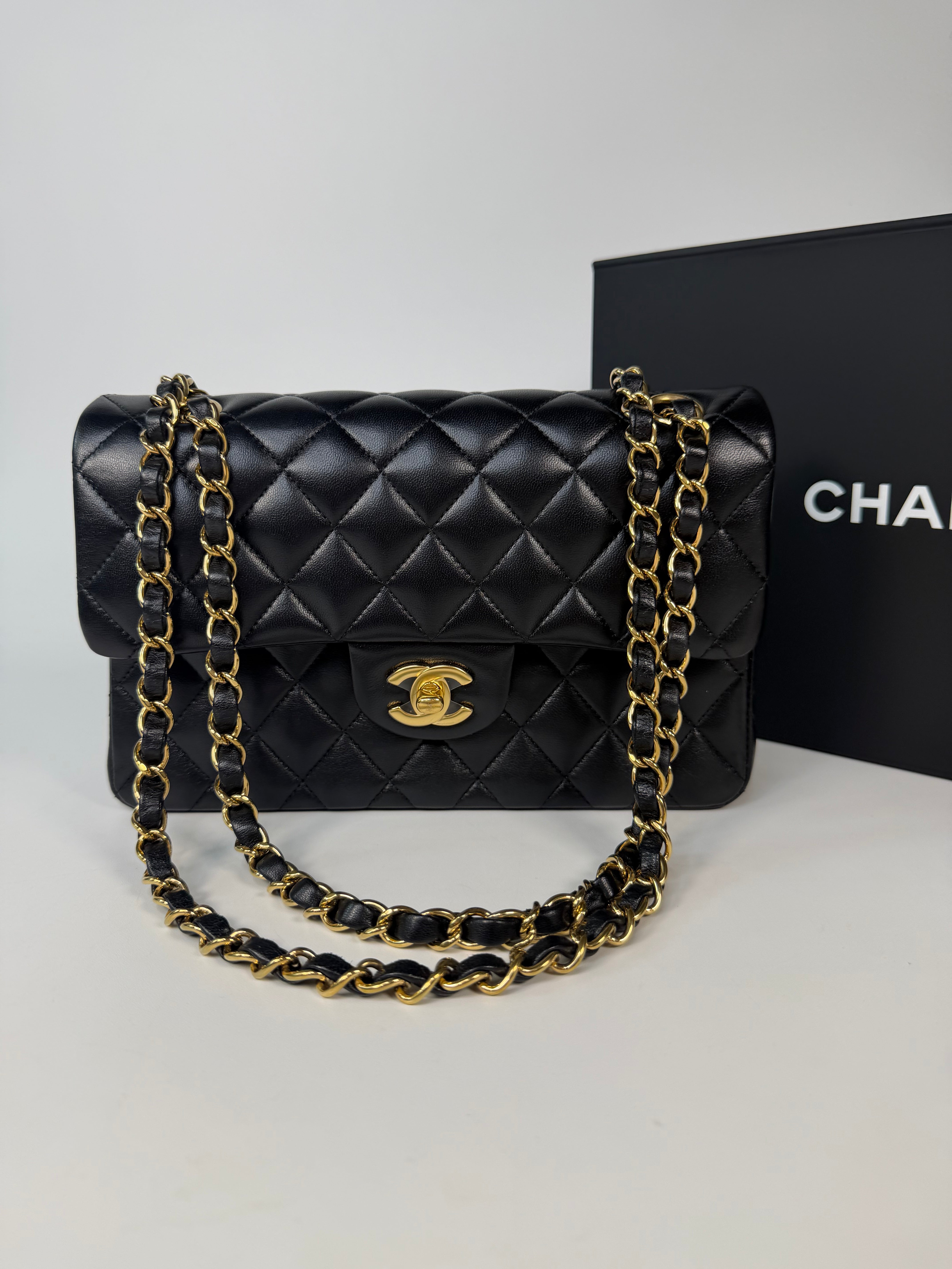 Chanel Small Classic Double Flap In Black Lambskin Leather With Gold Hardware in excellent condition 100% authentic and preloved