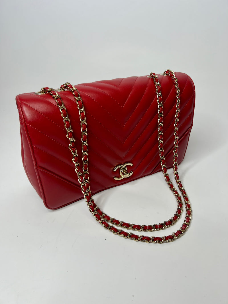 Chanel Red Chevron Single Flap Bag