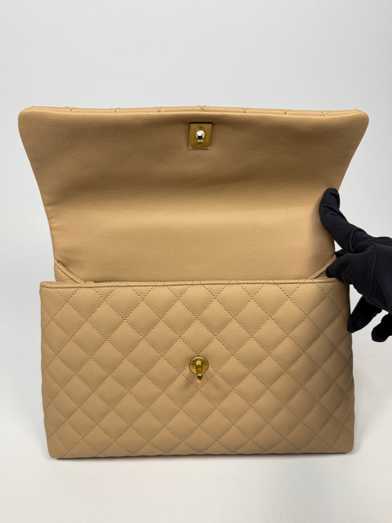 Chanel Coco Large Top Handle In Beige Caviar Leather With GHW