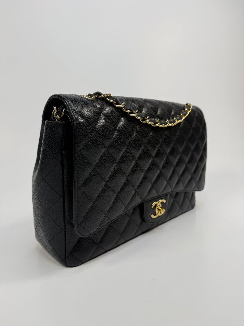 Chanel Maxi Classic Double Flap In Black Caviar Leather With GHW
