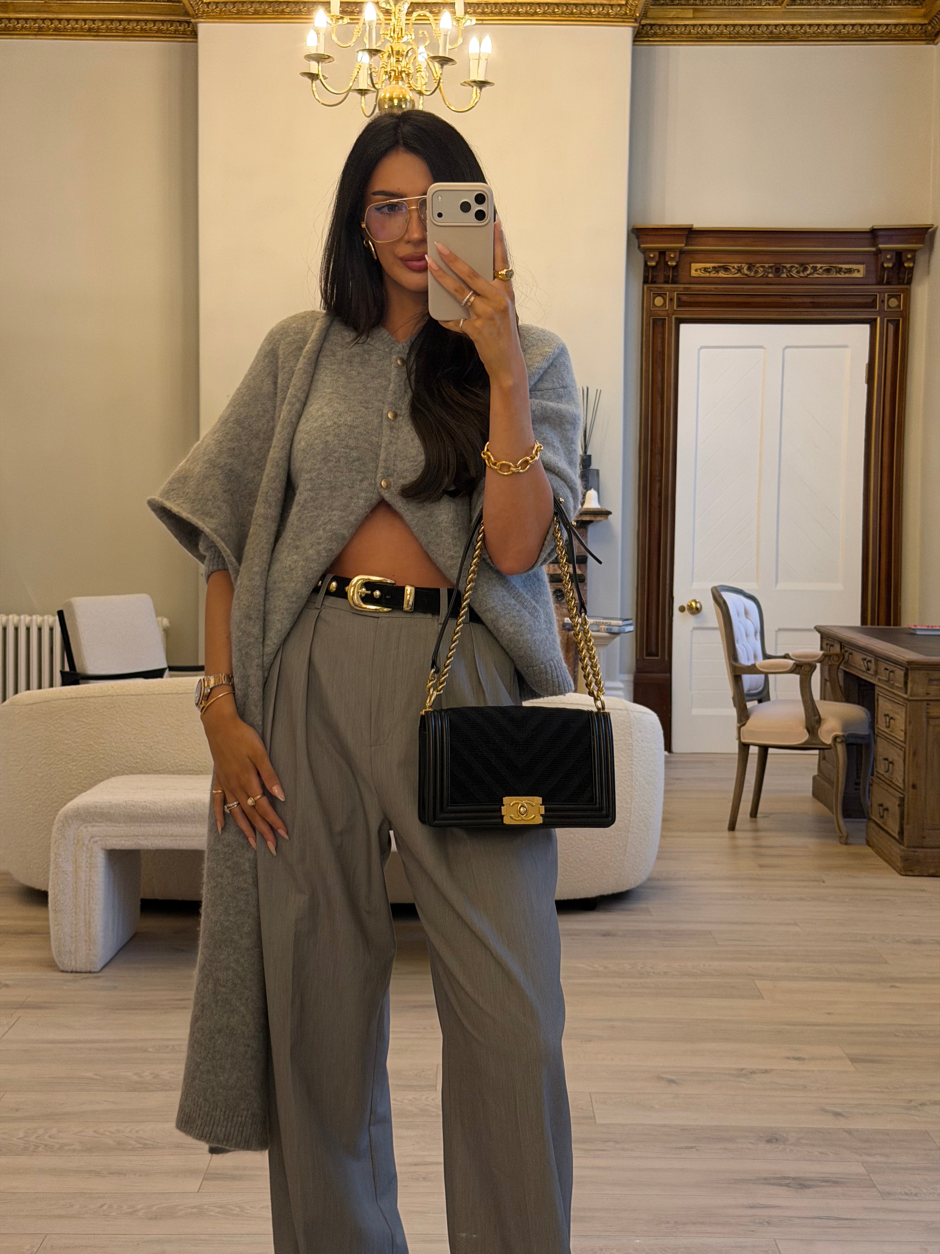 Chanel Black Chevron Fabric & Lambskin Leather Medium Boy Bag With Gold Hardware. Very Good Condition. Authentic and preloved. 