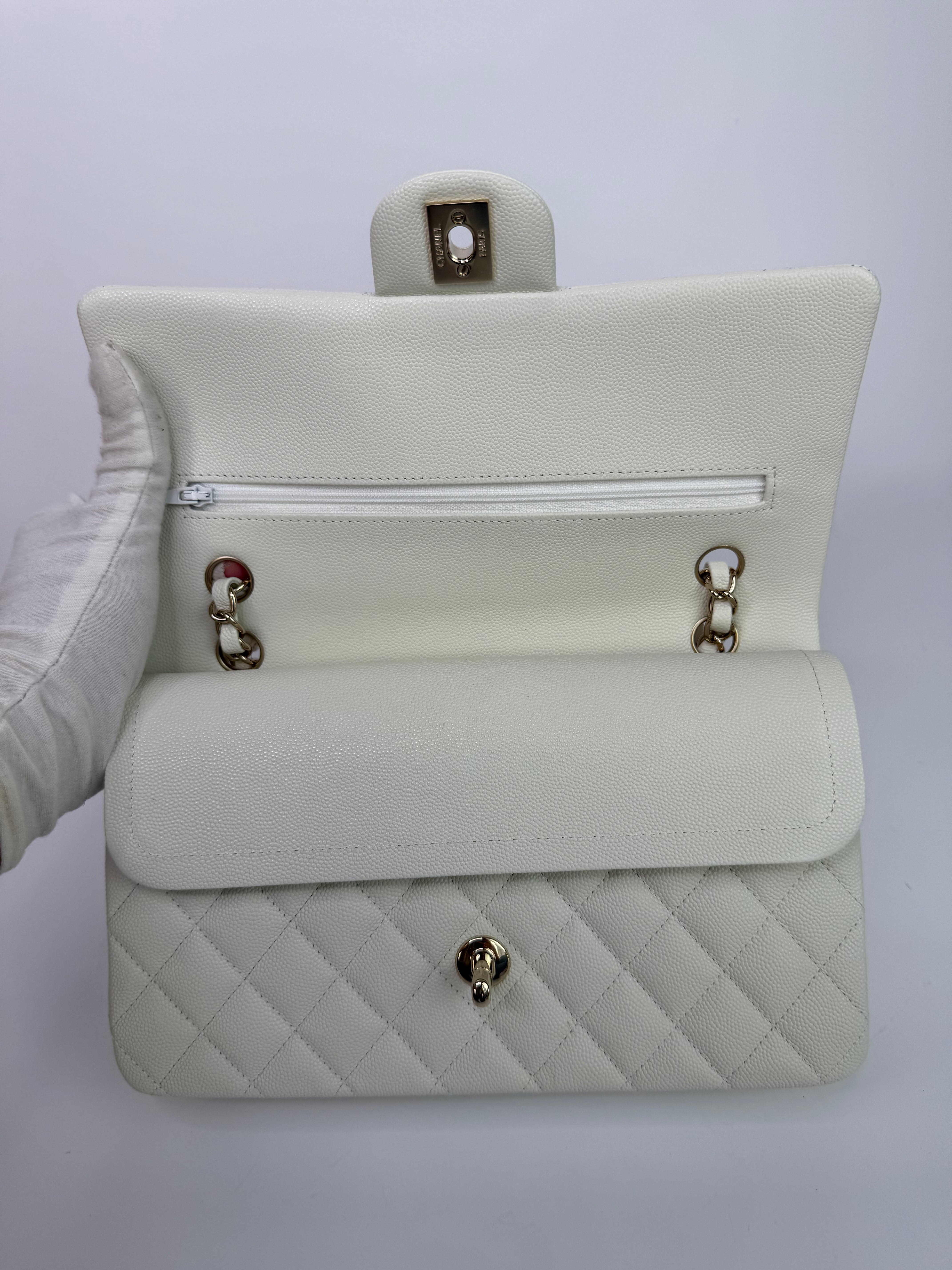 Chanel Medium Classic Double Flap White Caviar Leather With GHW