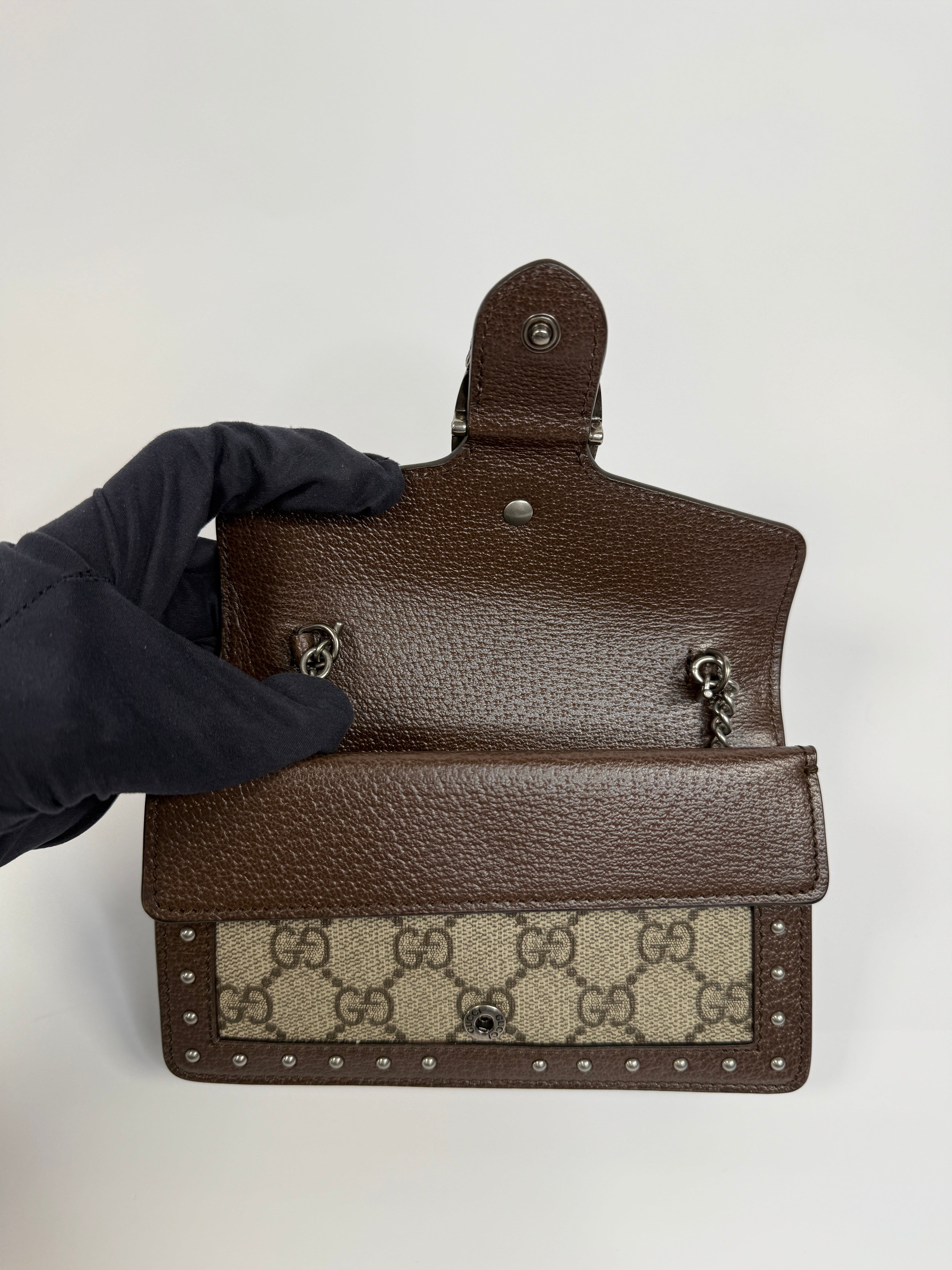 Gucci Mini GG Supreme Studs Dionysus Crossbody Bag In Brown Canvas with silver Hardware In Excellent Condition. Authentic and pre loved