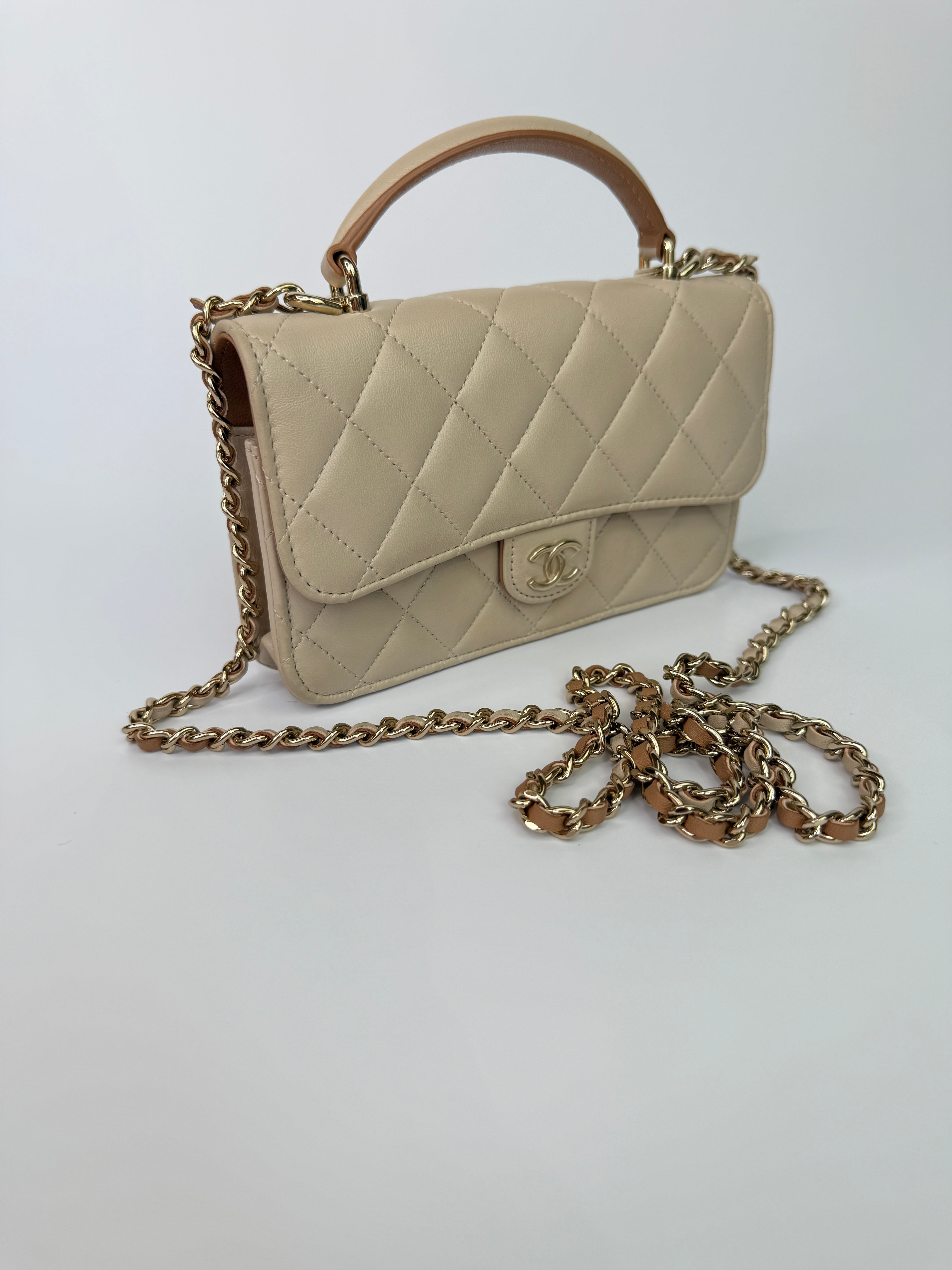 Chanel Top Handle Mini WOC Ecru/Beige Lambskin Gold Hardware 23P