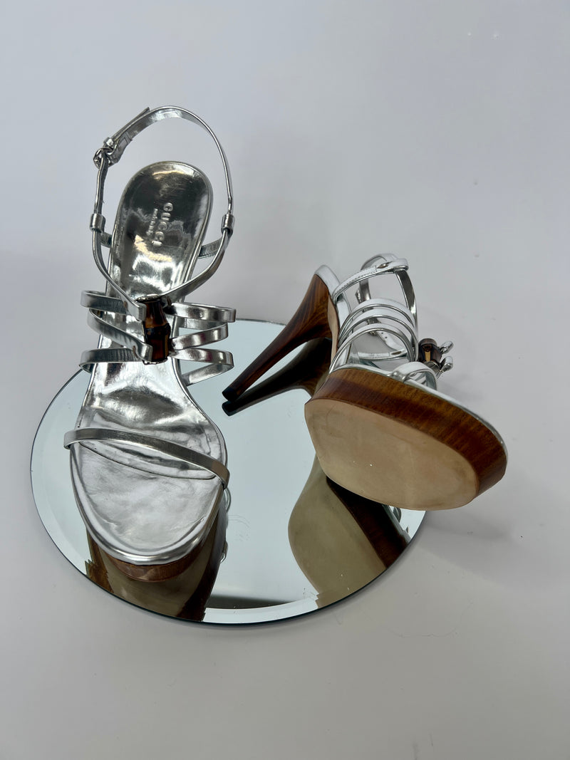 Gucci Silver Bamboo Icon Sandal Heels  (Size 38.5/UK 5.5)