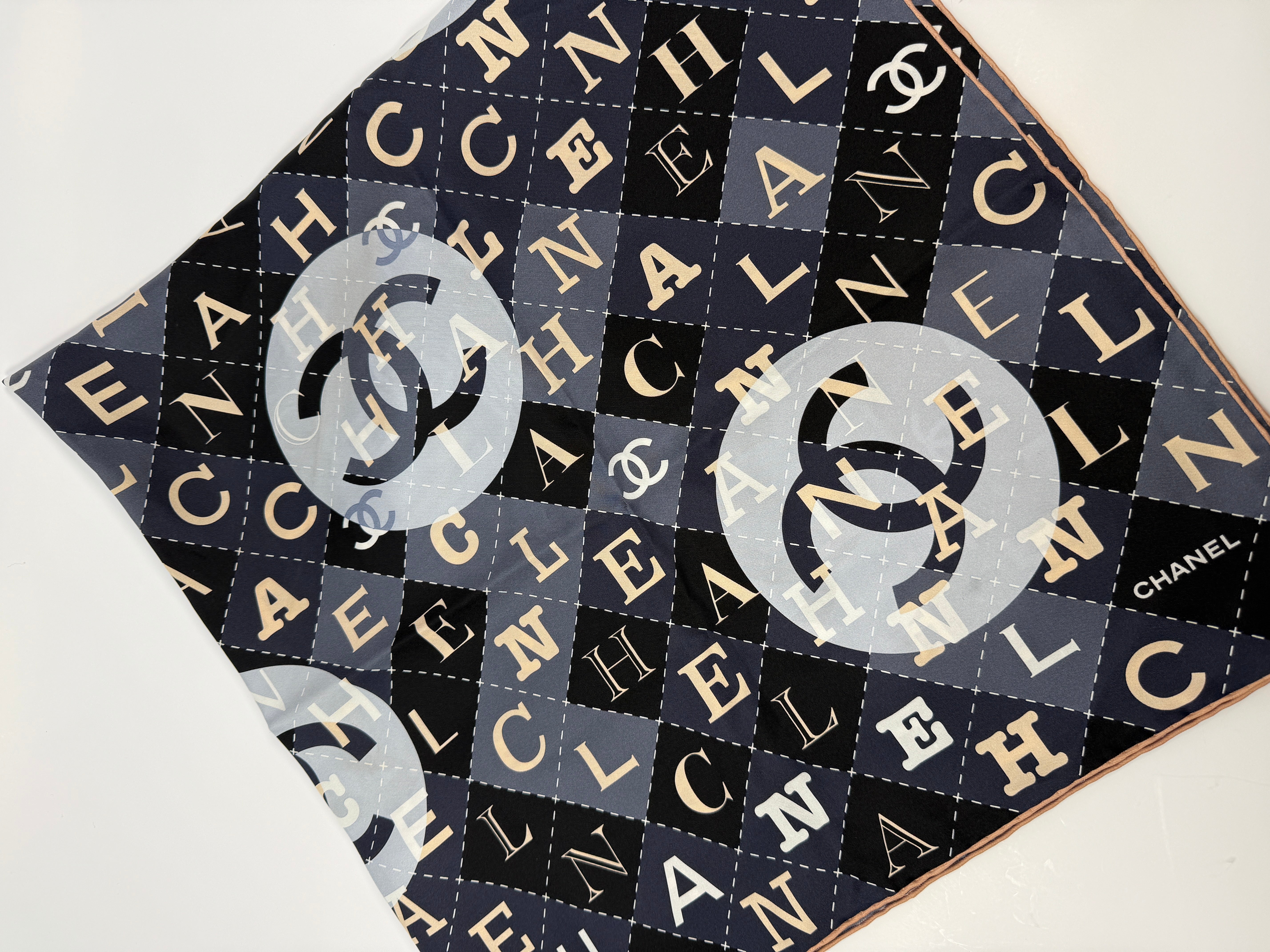 Chanel Silk CC Scarf In Navy And Nude Monogram, Authentic And Preloved In Excellent Condition