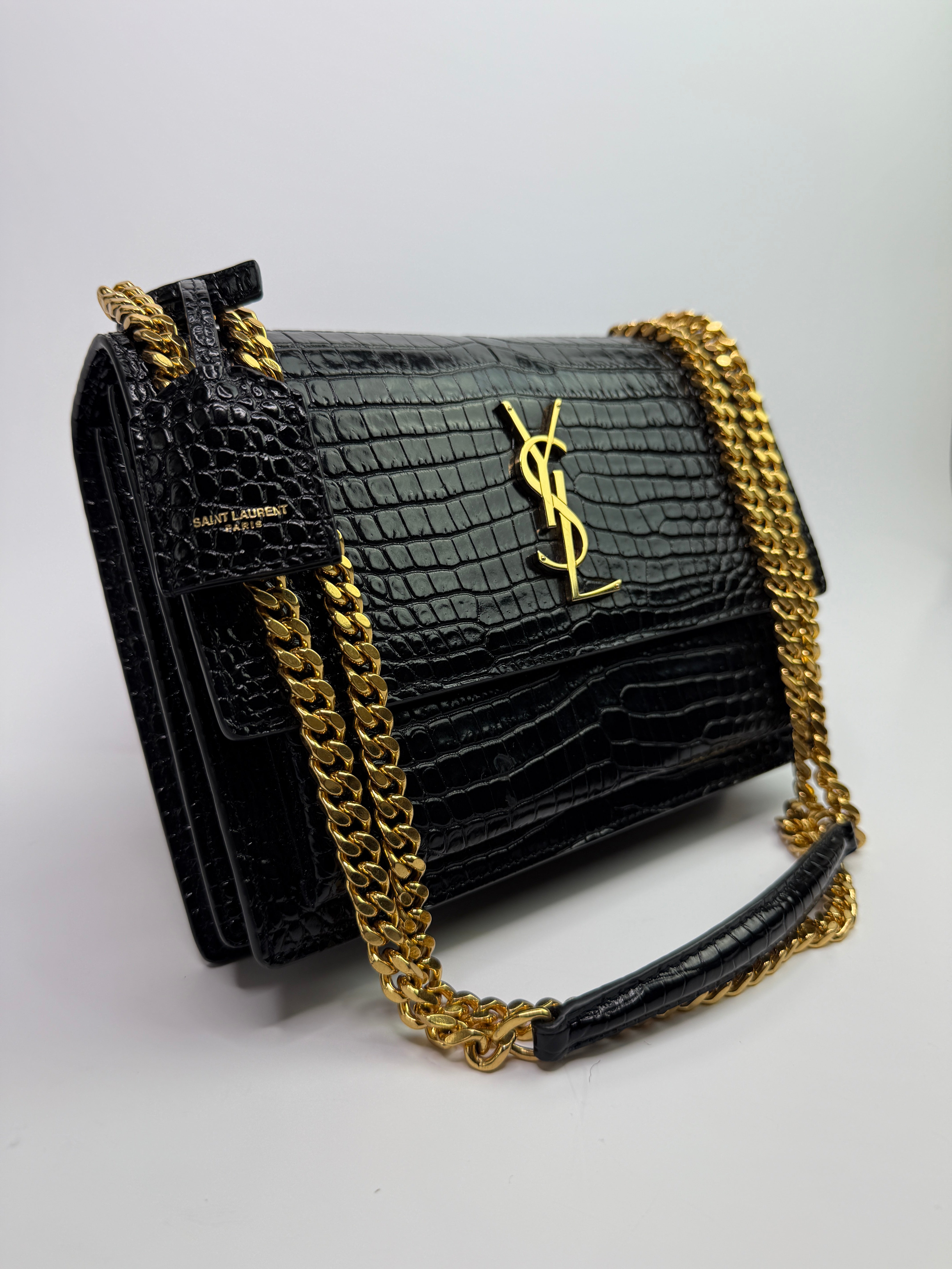 Saint Laurent Black Croc Embossed Sunset Bag