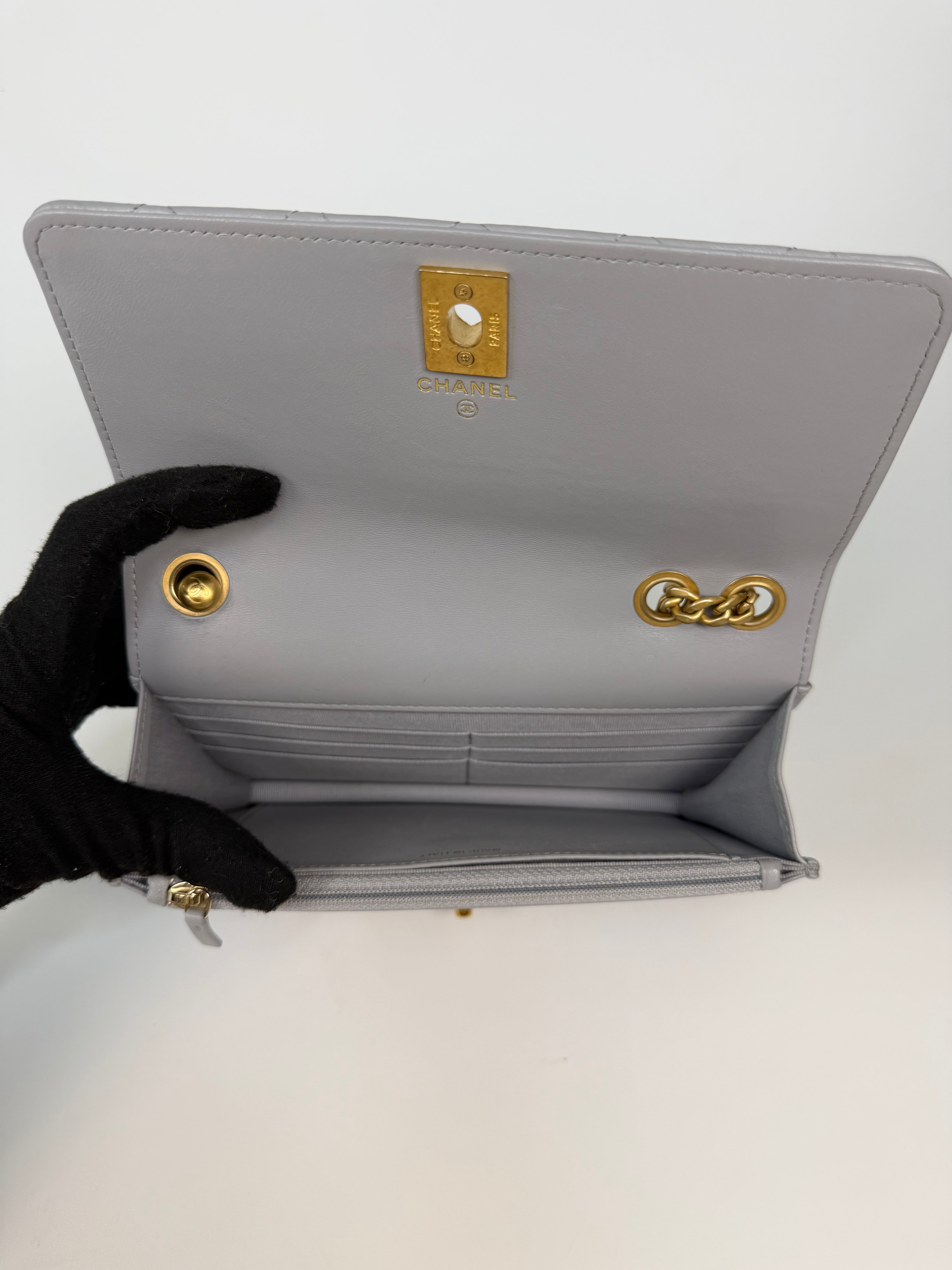 Chanel Pearl Crush Wallet On Chain In Grey Lambskin Leather With Gold Hardware