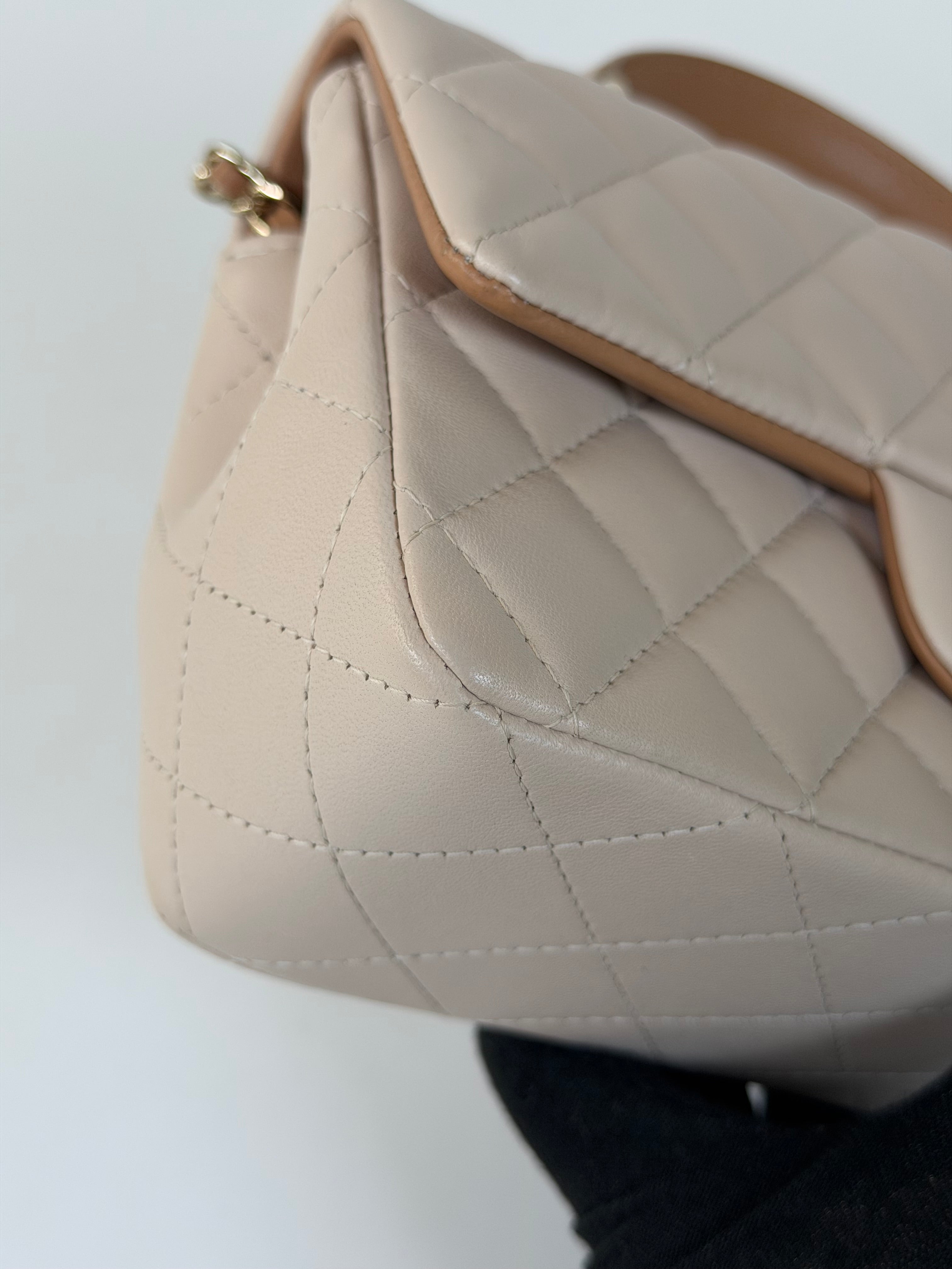 Chanel Mini Rectangle Top Handle Light Beige Lambskin Pale Gold Hardware in excellent condition 100% authentic and preloved
