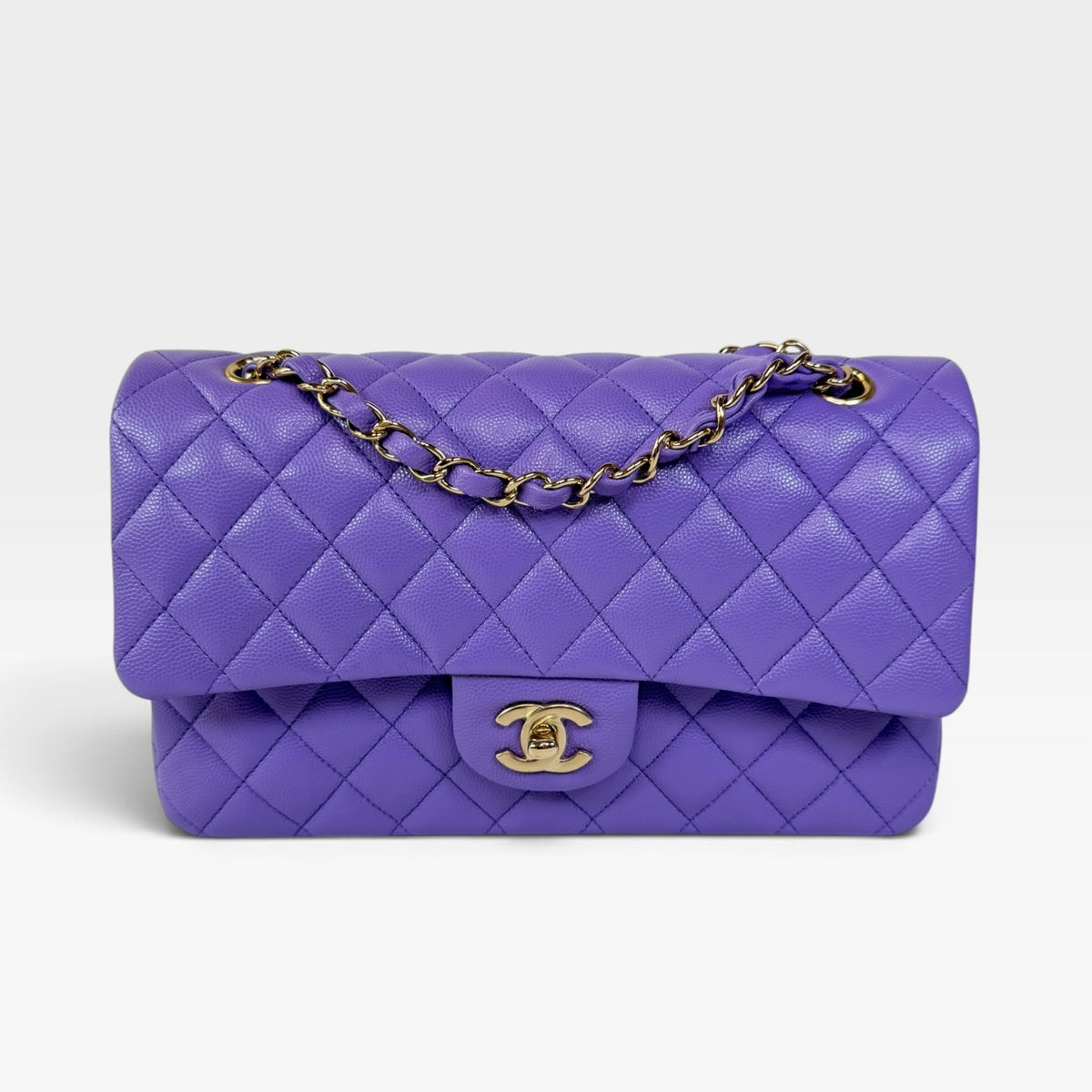 Chanel Medium Classic Double Flap In Purple Caviar Leather With Gold Hardware. Authentic and preloved in excellent condition. 100% guarantee