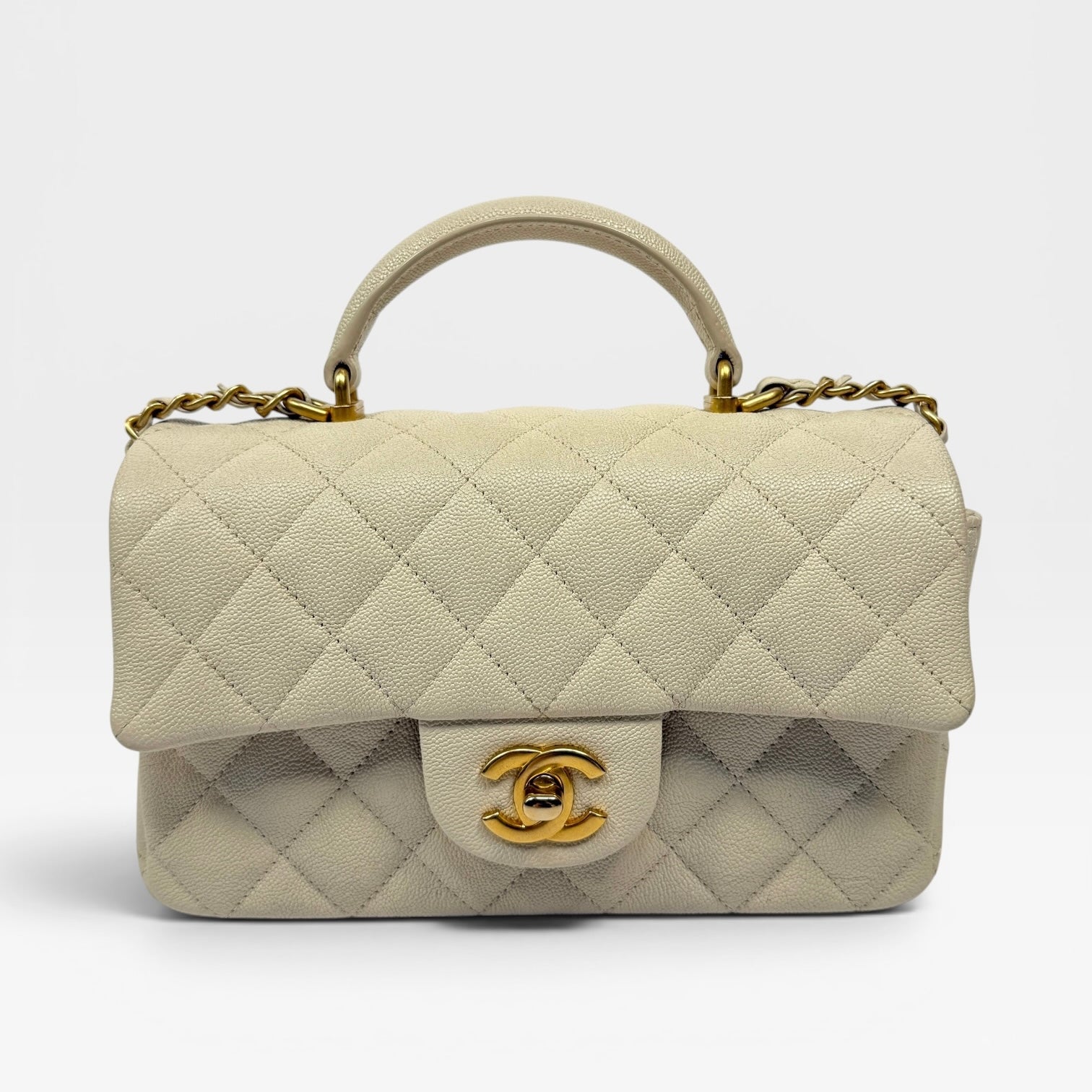 Chanel Mini Rectangle Top Handle In Ecru Caviar With GHW