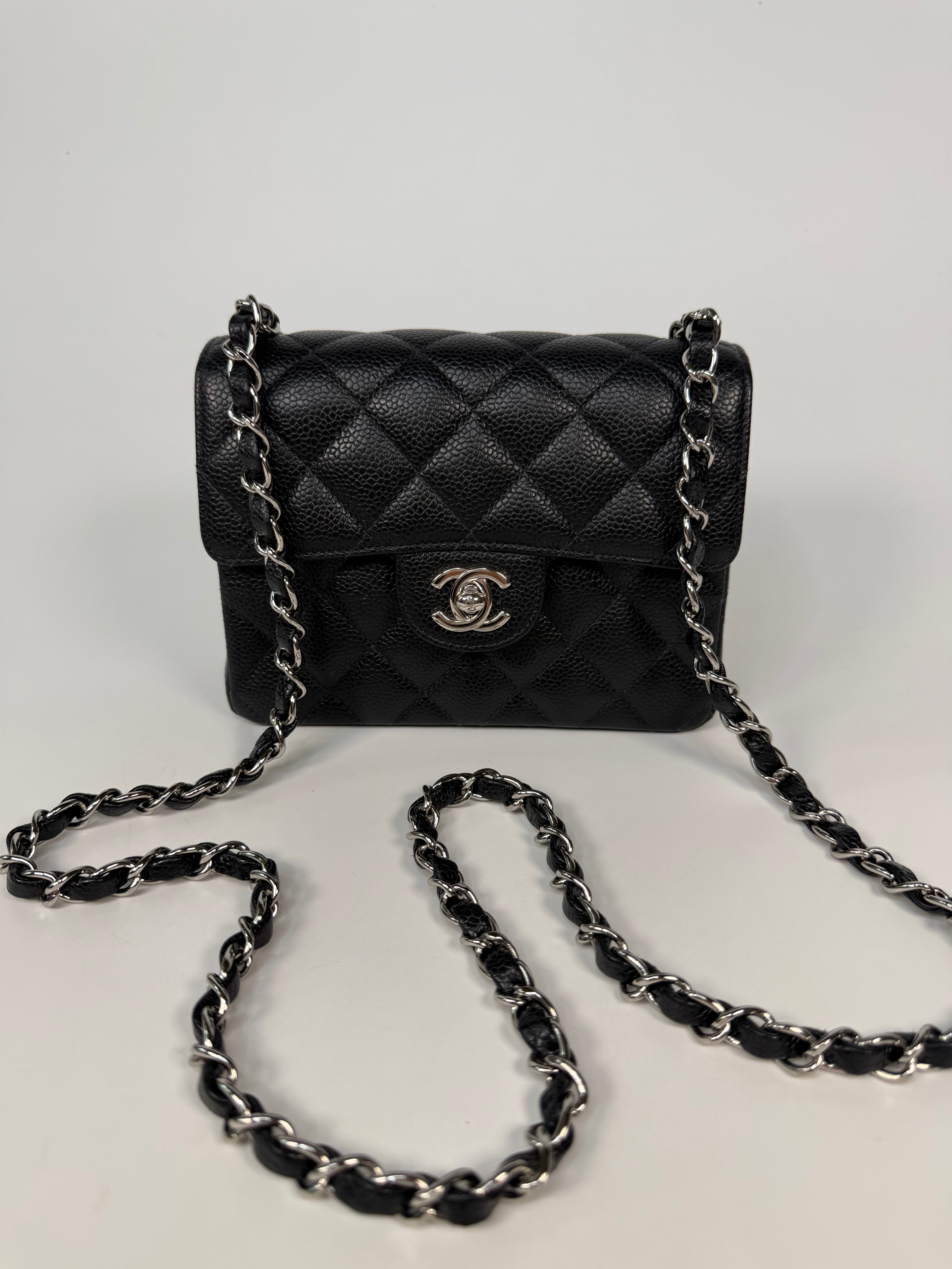 Chanel Vintage Mini Square Flap In Black Caviar Leather With Silver Hardware