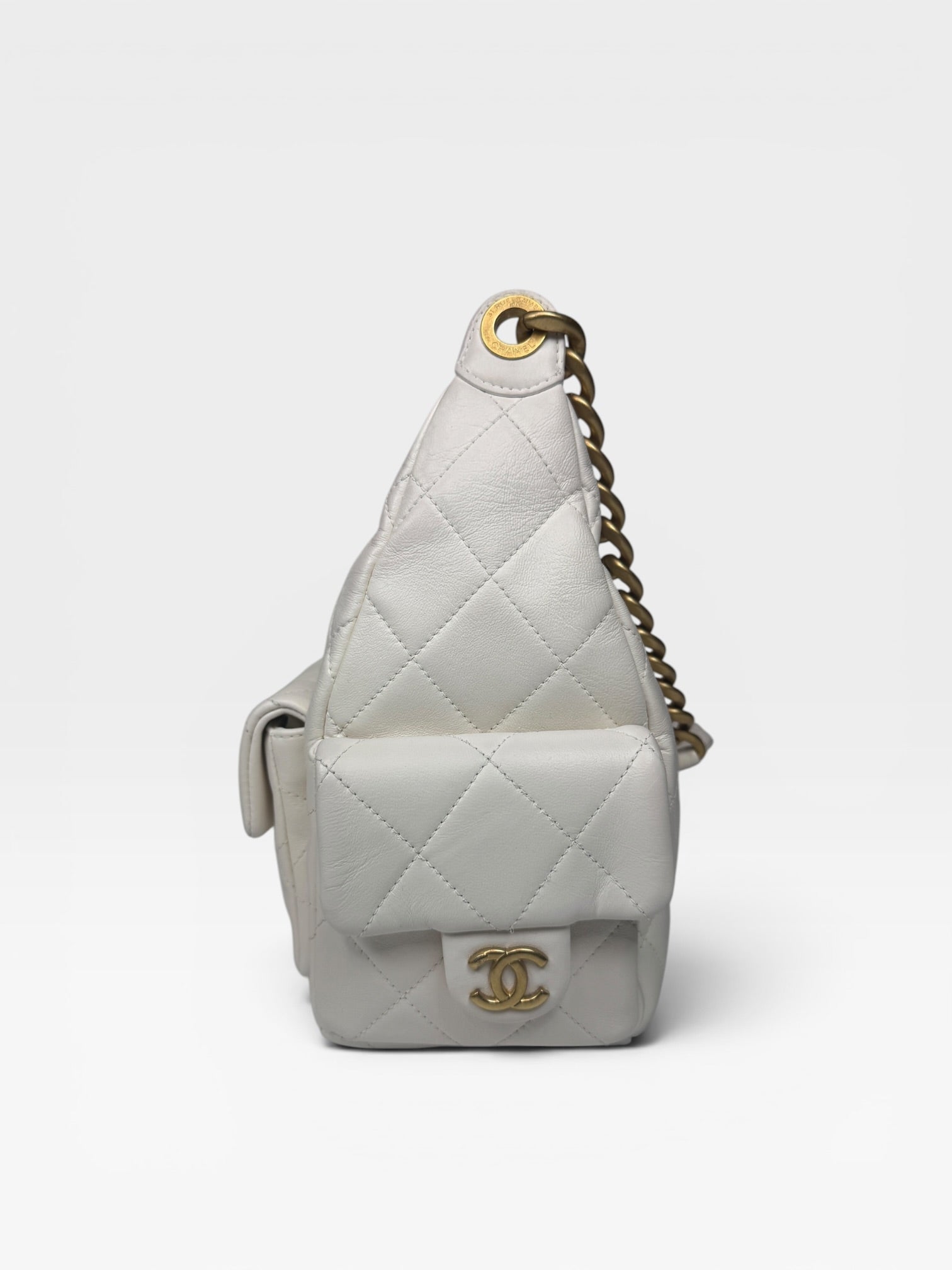 Chanel Quilted Pockets Bag In White Lambskin Leather With Gold Hardware