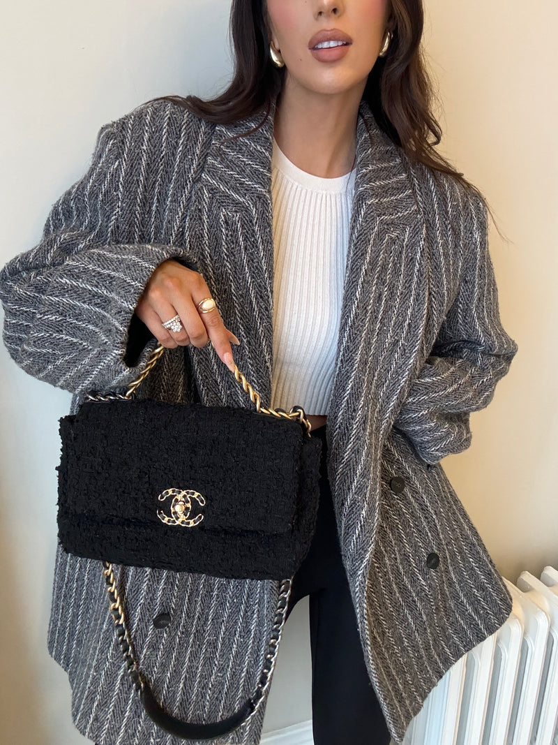 Chanel 19 Small In Black Bouclé Tweed