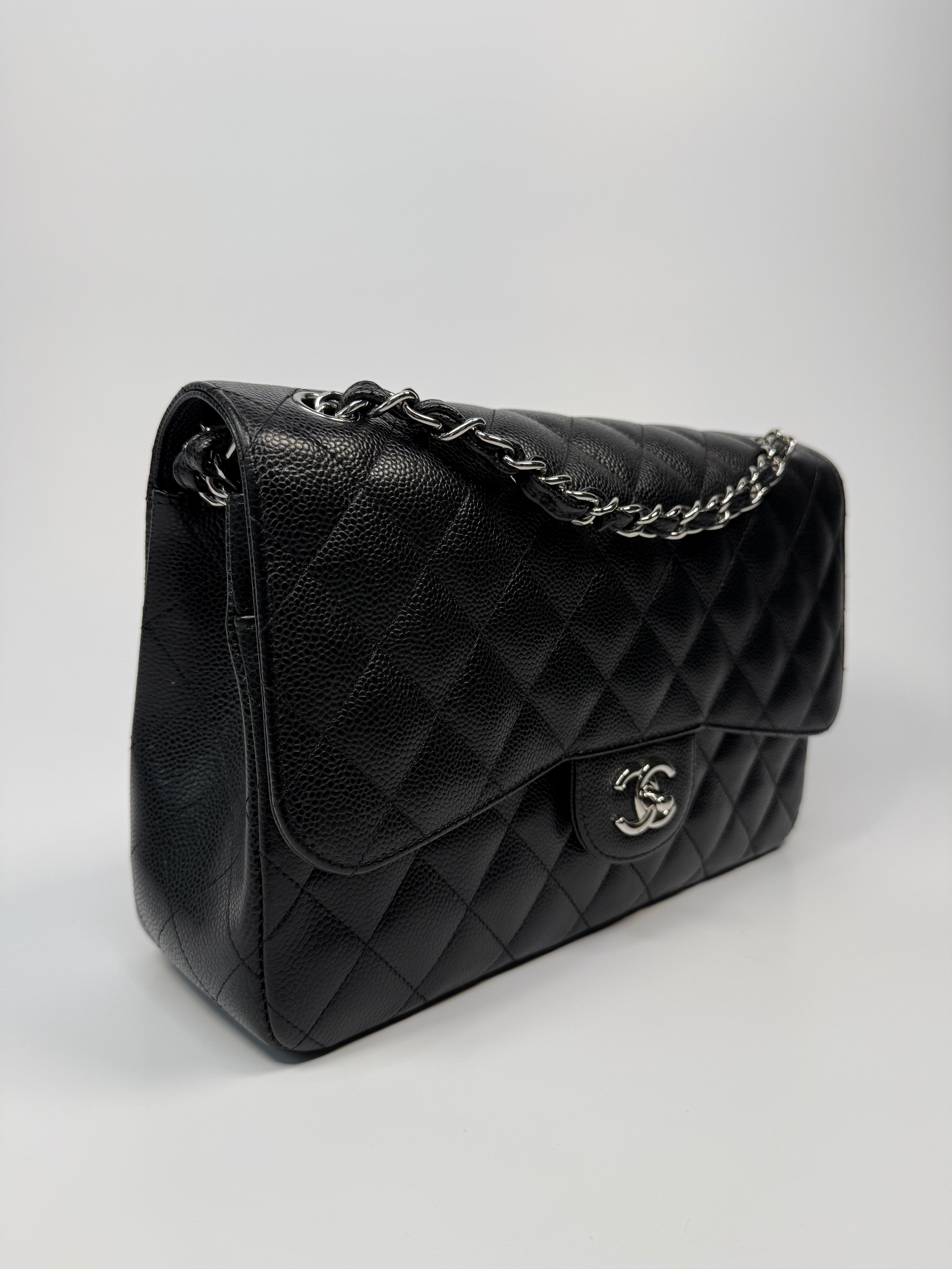 Chanel Black Caviar Leather Jumbo Classic Double Flap Silver Hardware
Pre Loved & Authentic 