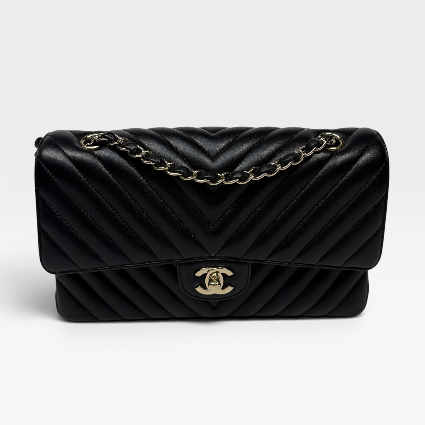 Chanel Medium Classic Chevron Black Lambskin With Pale Gold Hardware