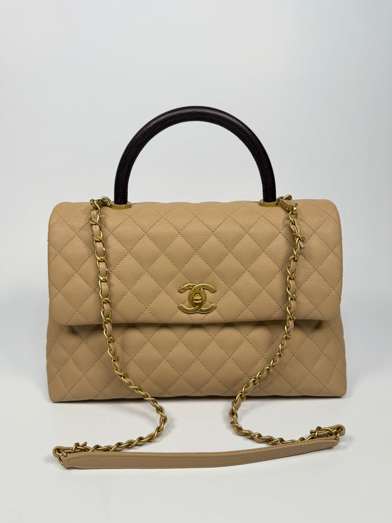 Chanel Coco Large Top Handle In Beige Caviar Leather With GHW