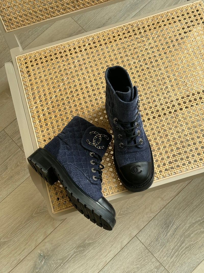Chanel Denim Calfskin Quilted Lace Up Combat Boots Size 38 UK 5