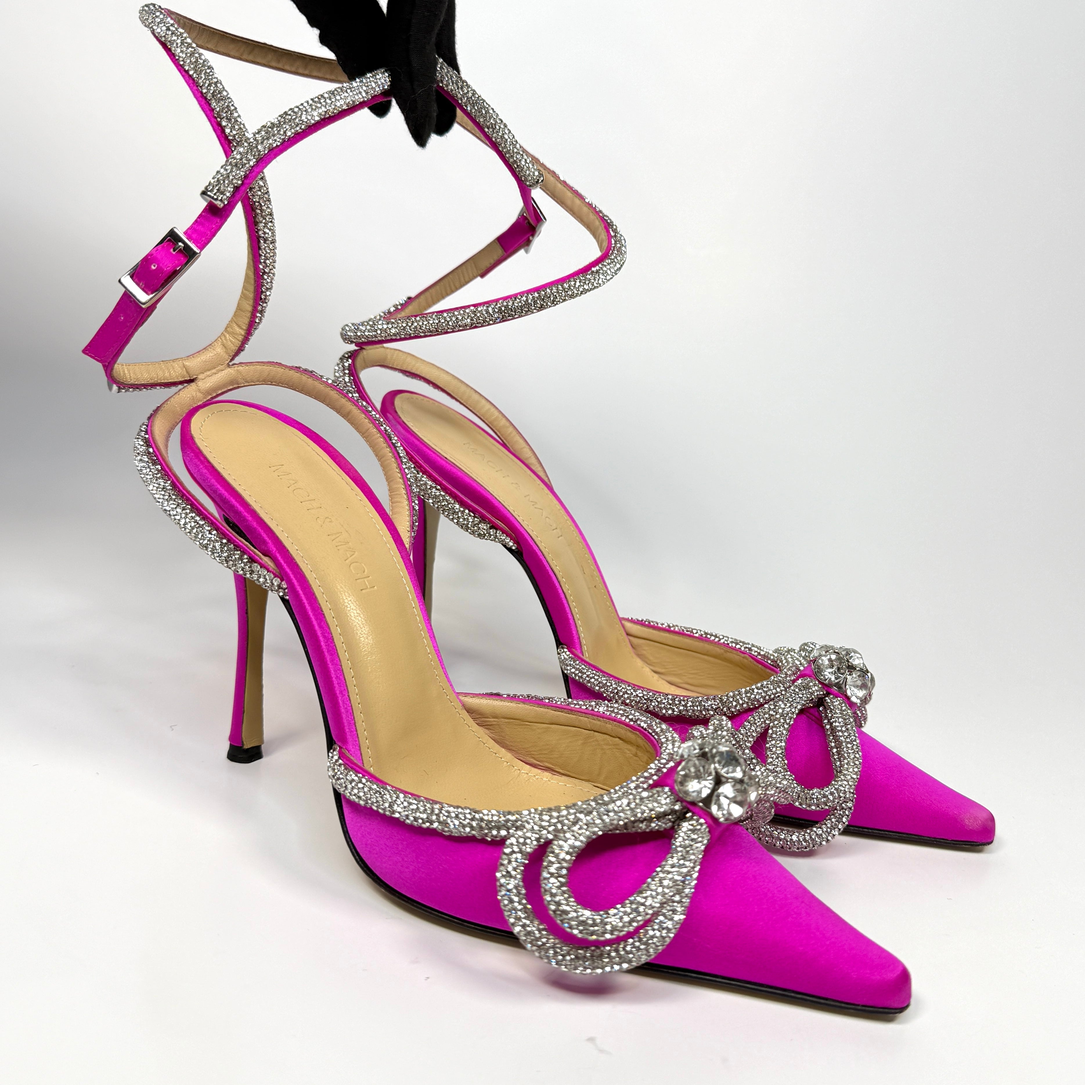 Mach & Mach Bow Crystal-Embellished Pink Satin Heeled Sandals (Size 37/UK5) Very Good Condition. Authentic and pre loved. 