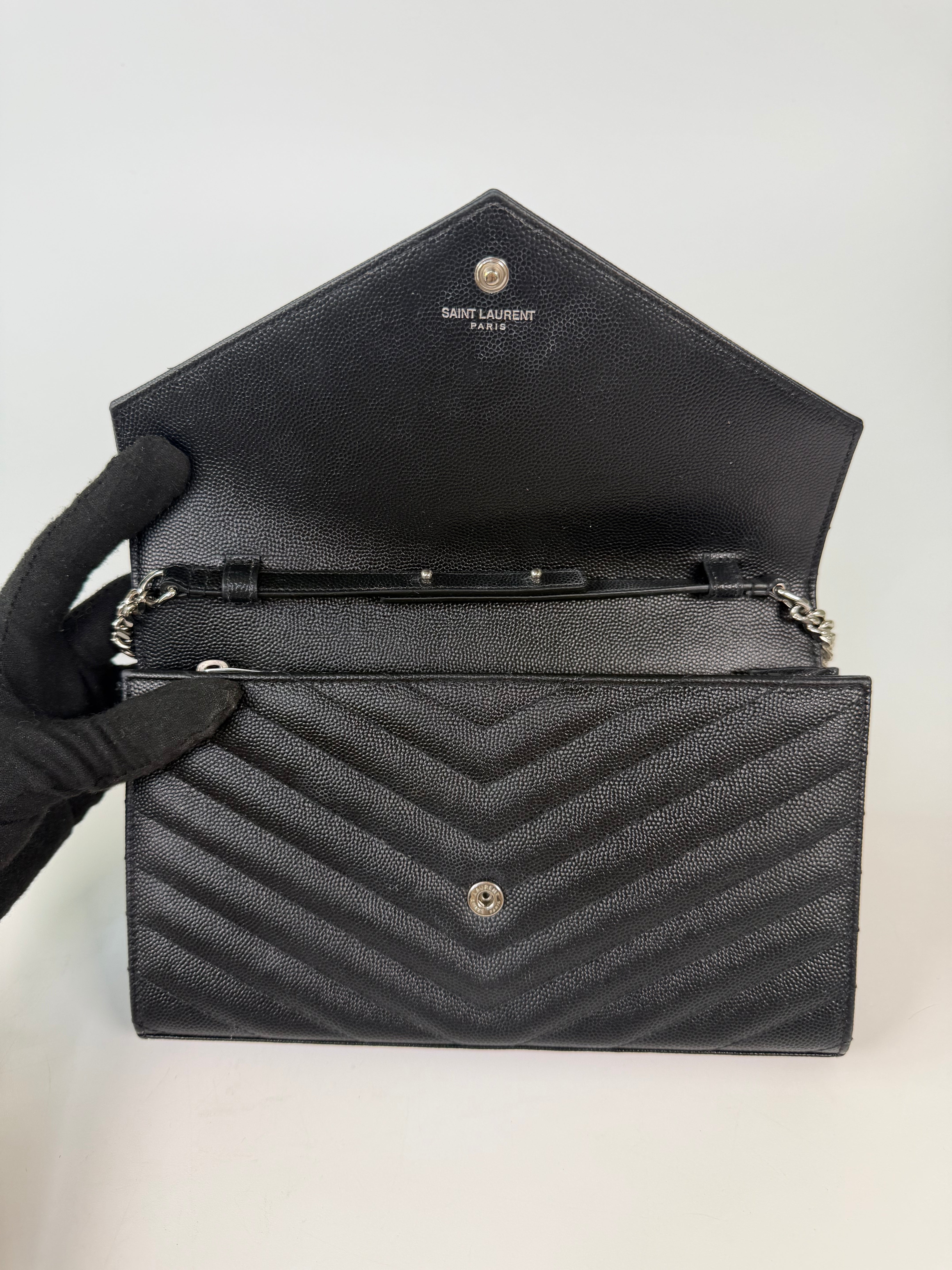 Saint Laurent Cassandre Chain Wallet In Black With Silver Hardware in good condition 100% authentic and preloved