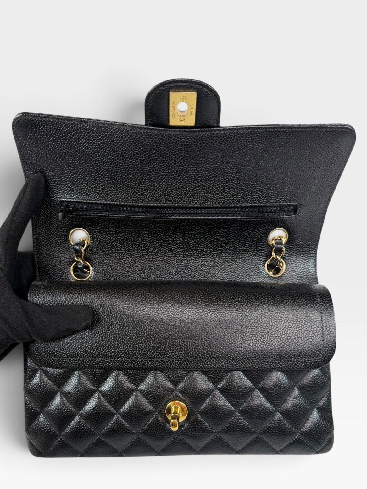 Chanel Medium Classic Double Flap In Black Caviar Leather Gold Hardware