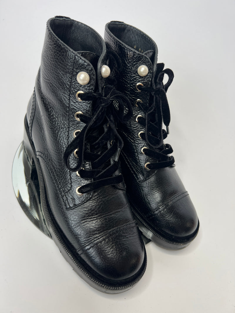 Chanel Black Leather Pearl Boots (Size 39.5 /UK6.5)